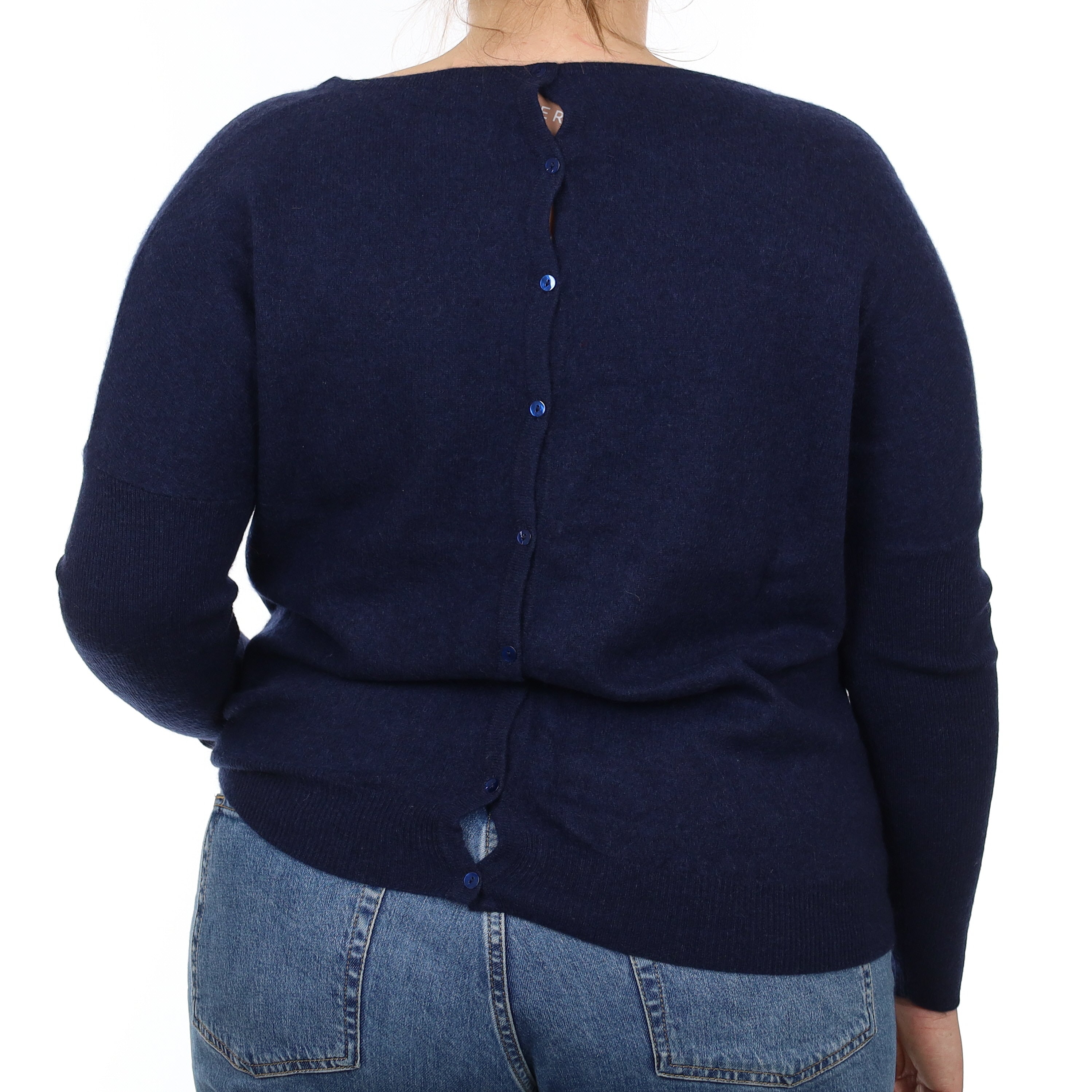 Navy Cashmere Button Back Crew Neck Jumper Large
