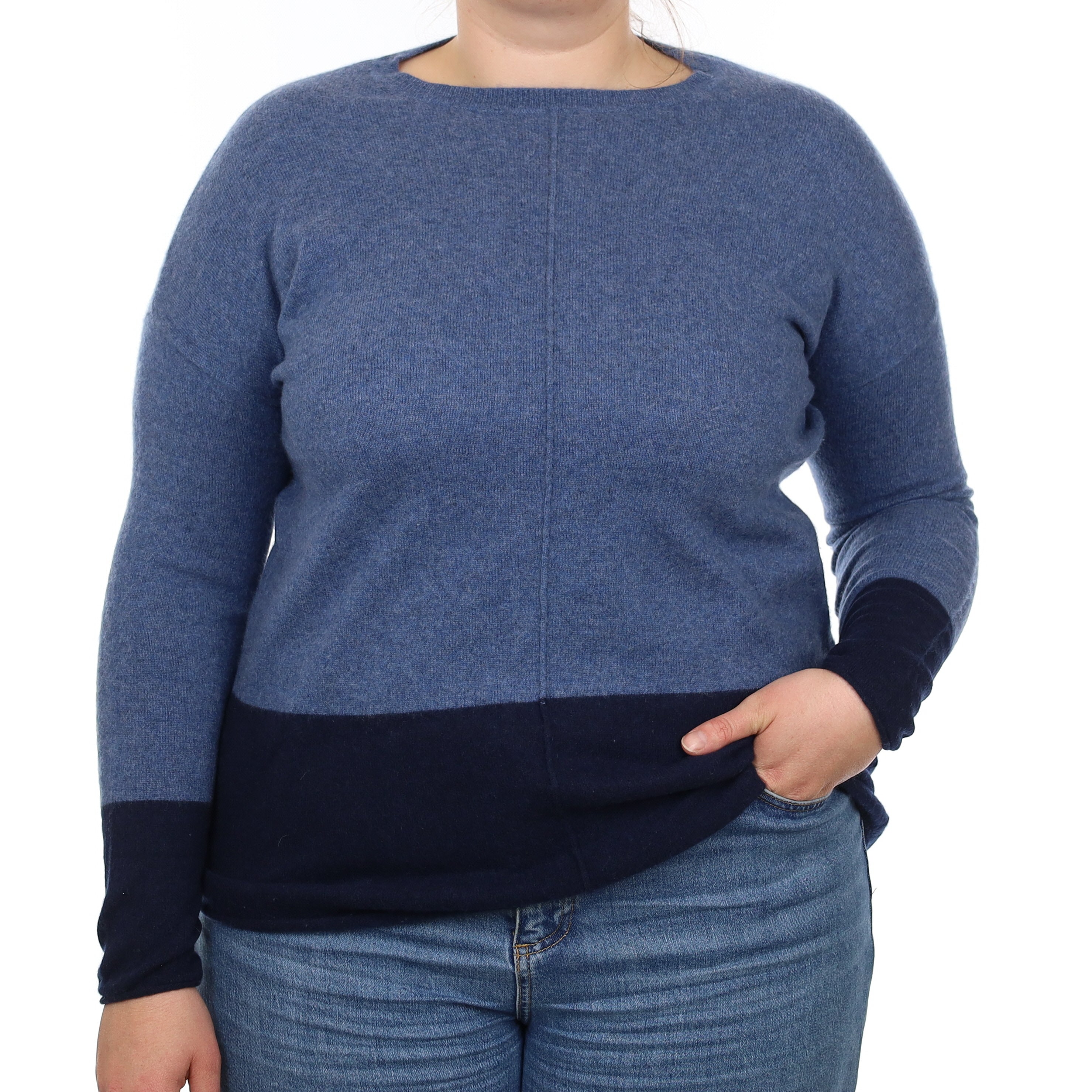 Denim Blue and Navy Cashmere Crew Neck Jumper Large