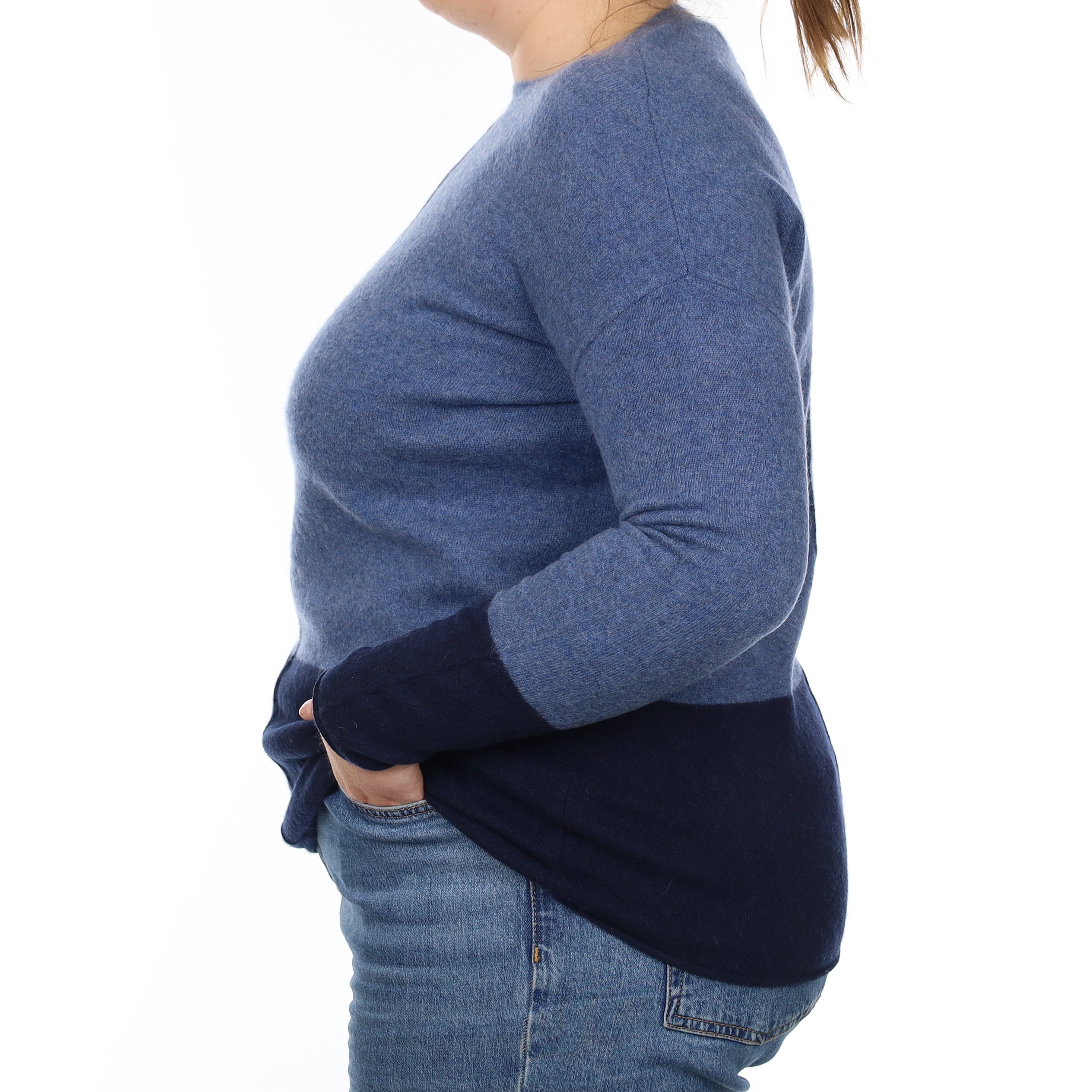 Denim Blue and Navy Cashmere Crew Neck Jumper Large