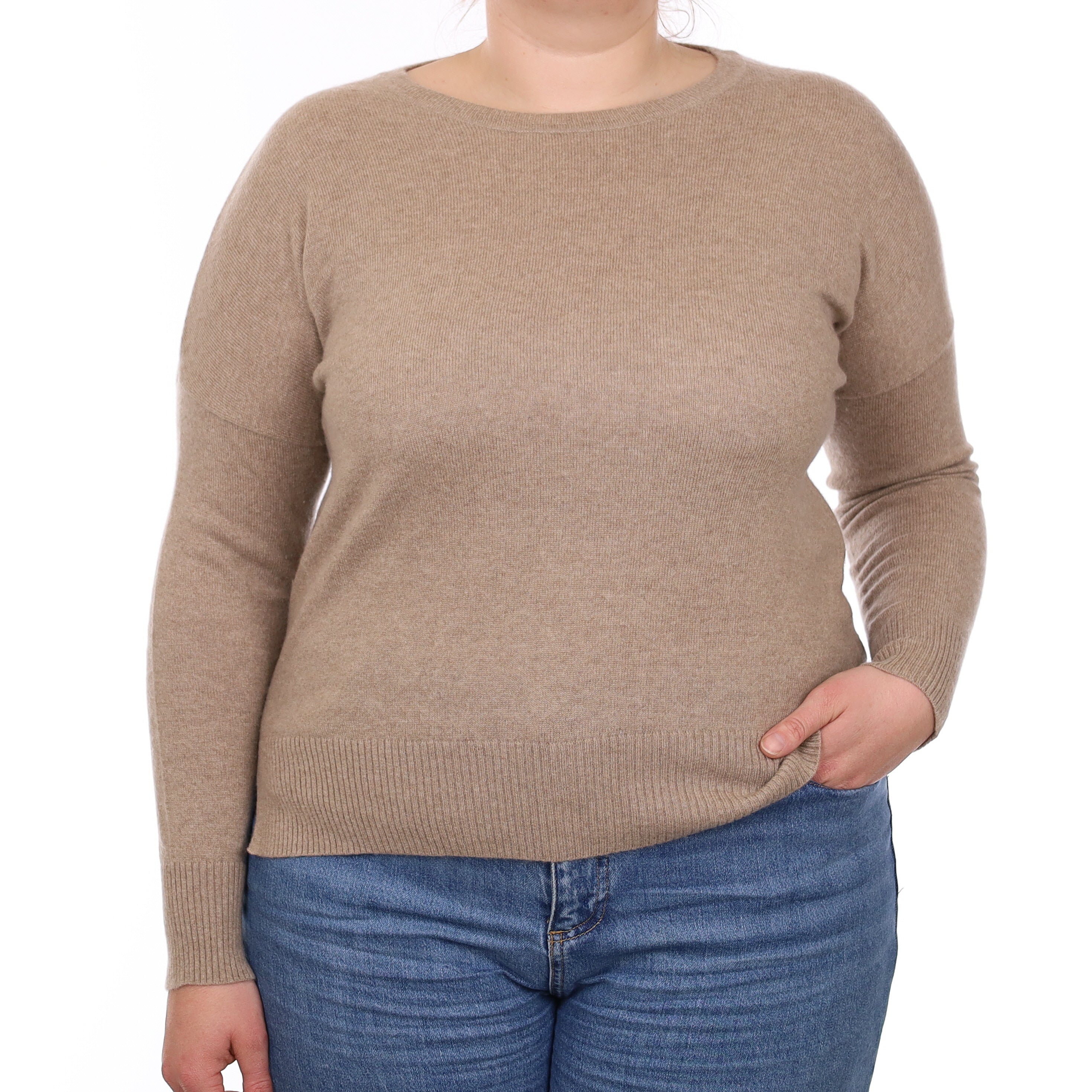 Taupe Brown Cashmere Batwing Crew Neck Jumper Large