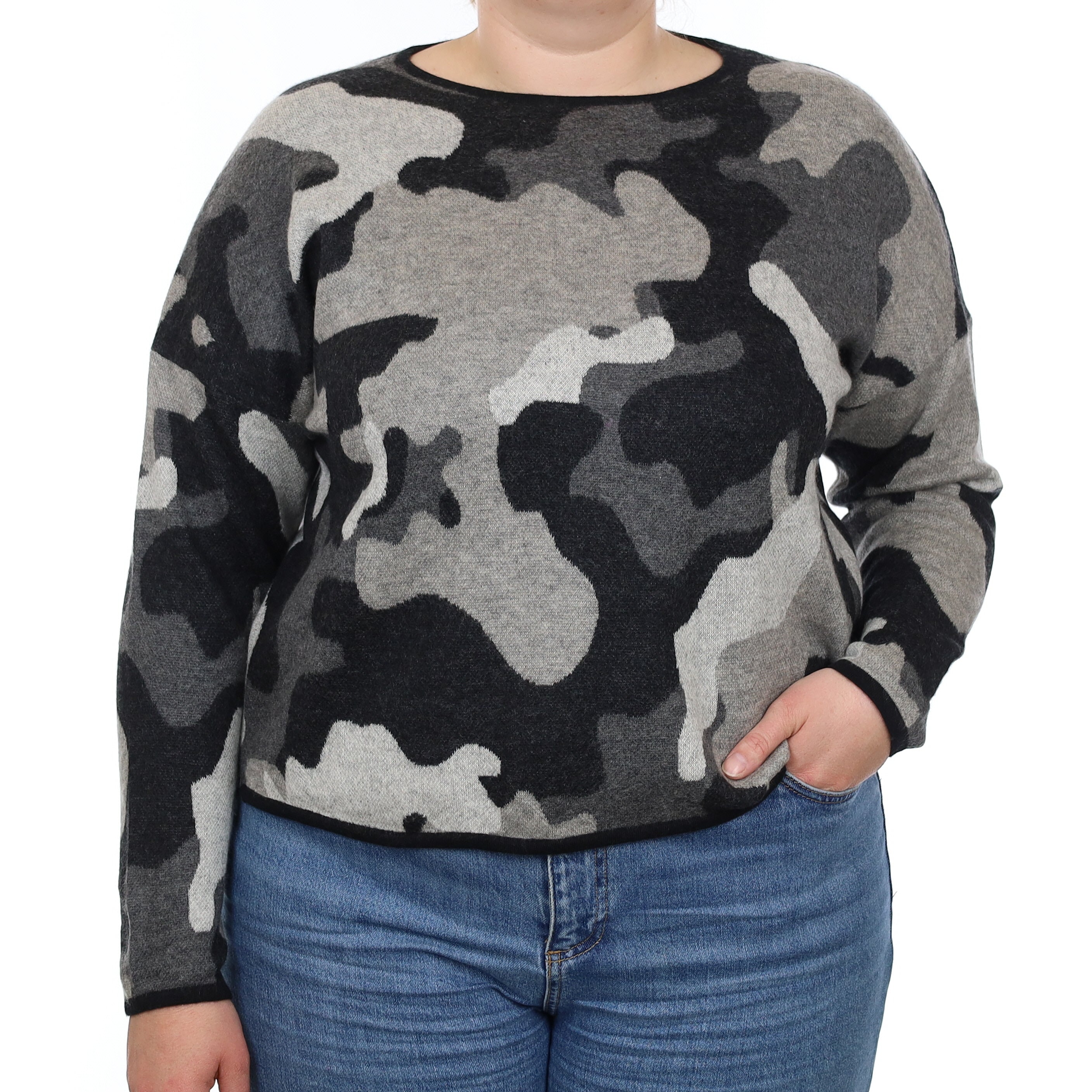 Grey Camouflage Heavy Knit Cashmere Crew Neck Jumper Large