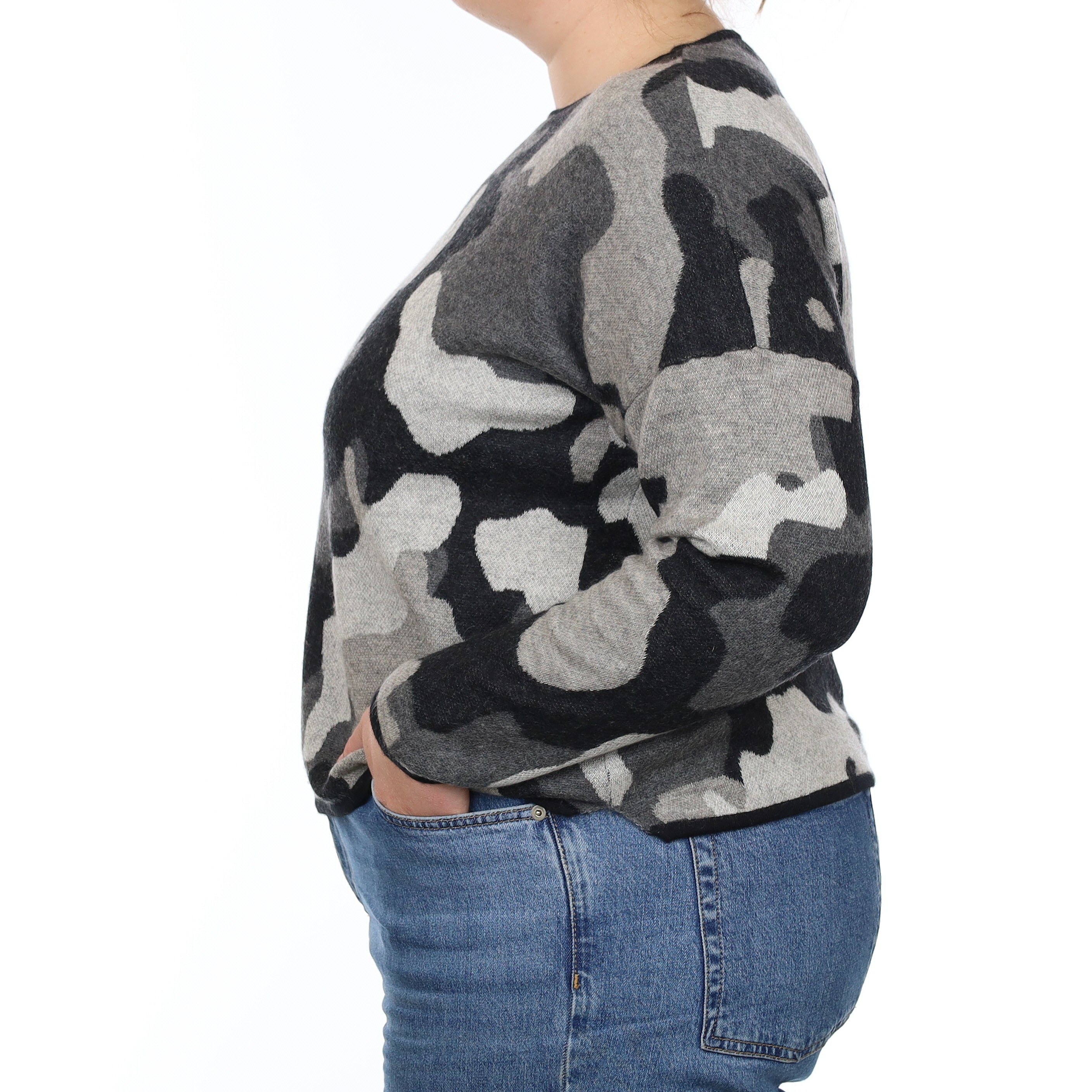 Grey Camouflage Heavy Knit Cashmere Crew Neck Jumper Large