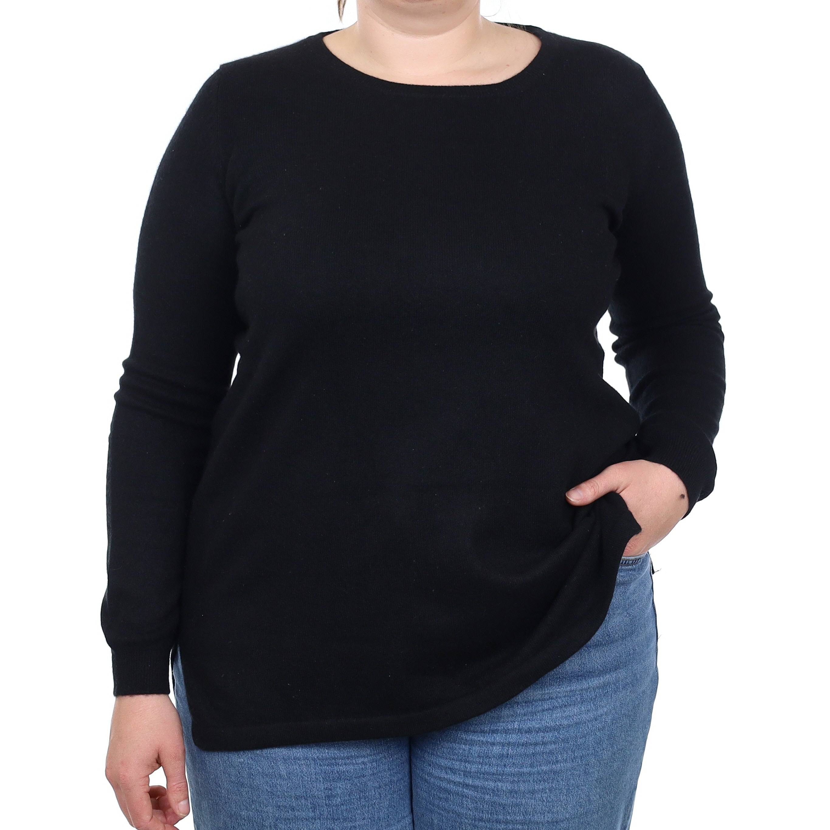 Black Cashmere Longline Crew Neck Jumper Large