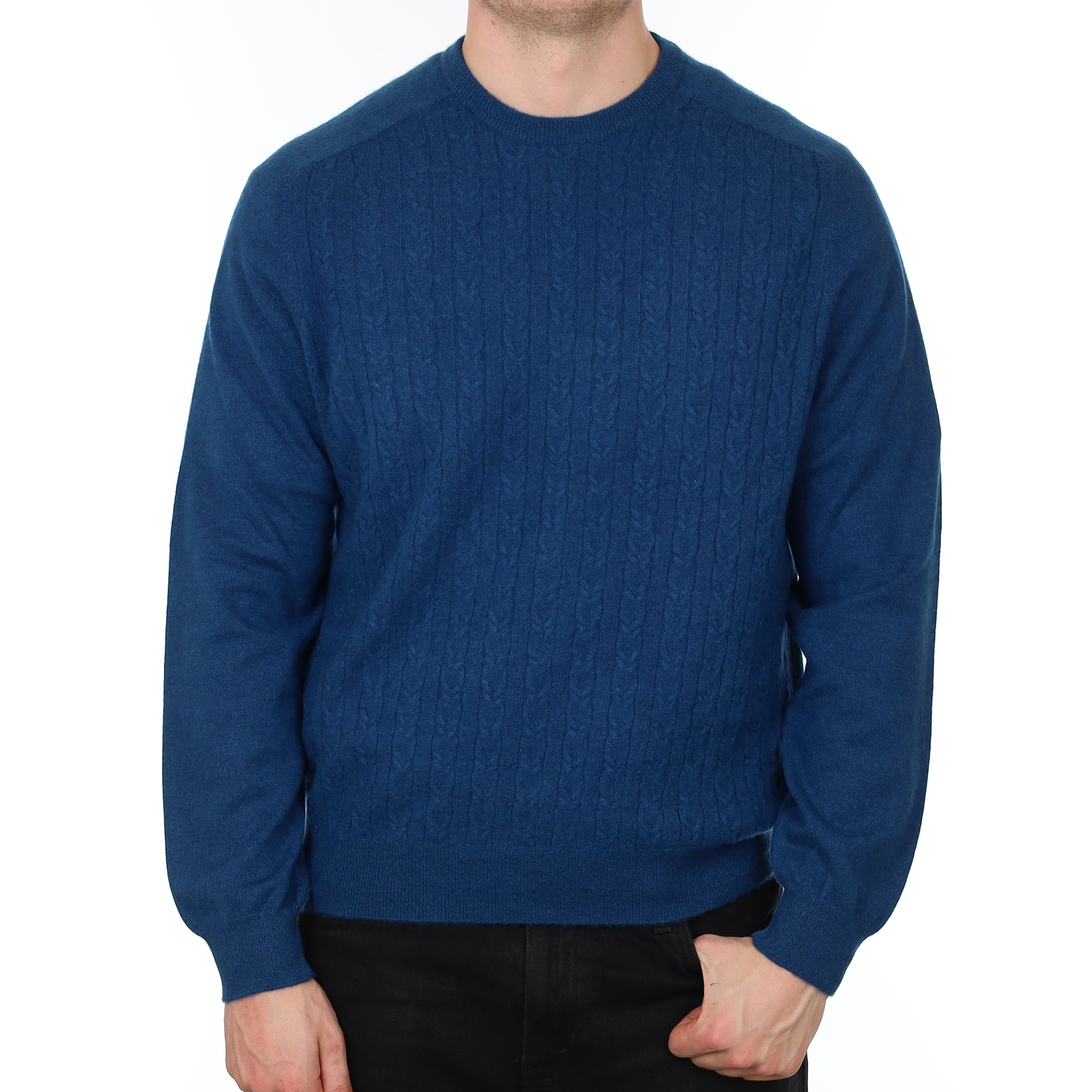 Men's Peacock Blue Cable Cashmere Crew Neck Jumper XL