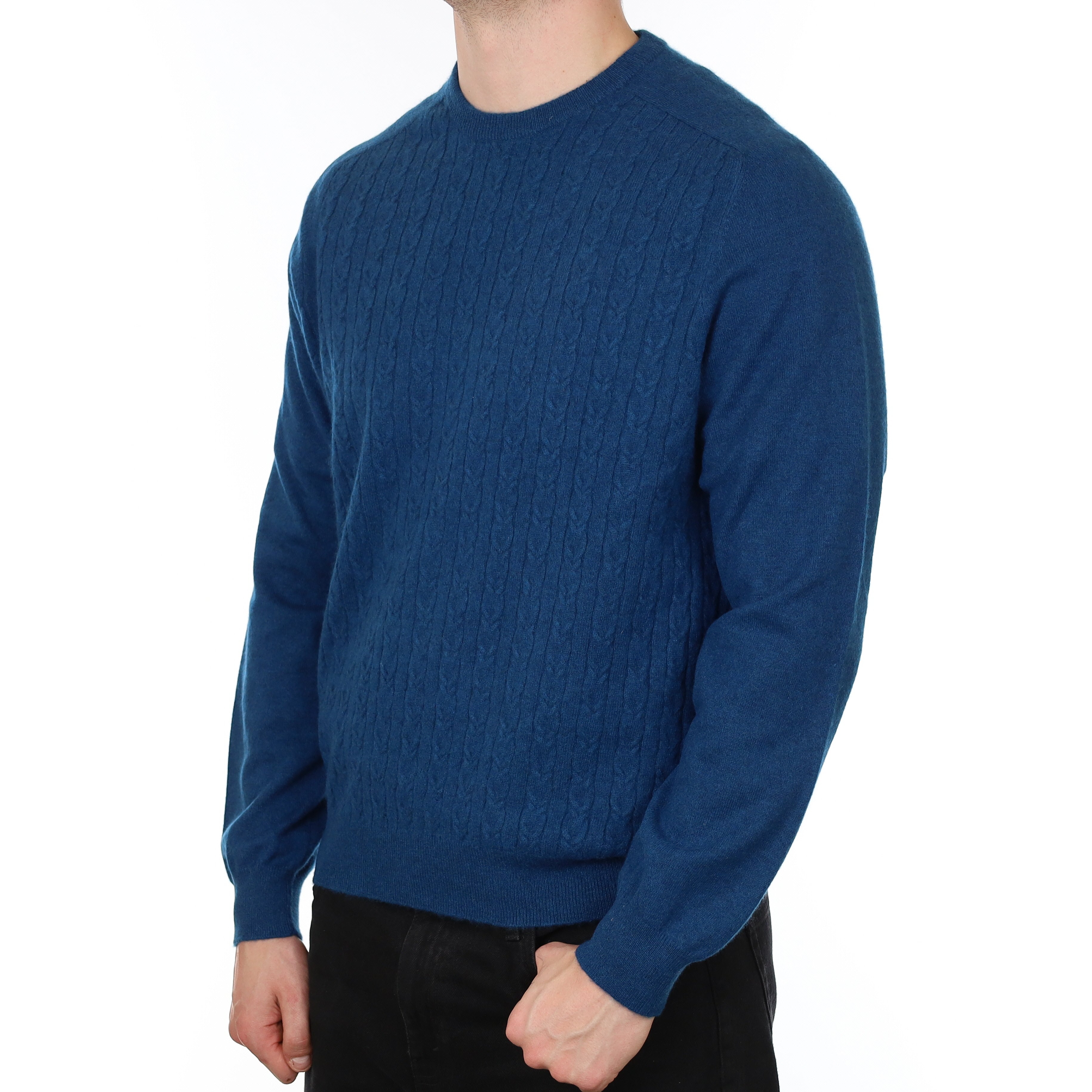 Men's Peacock Blue Cable Cashmere Crew Neck Jumper XL