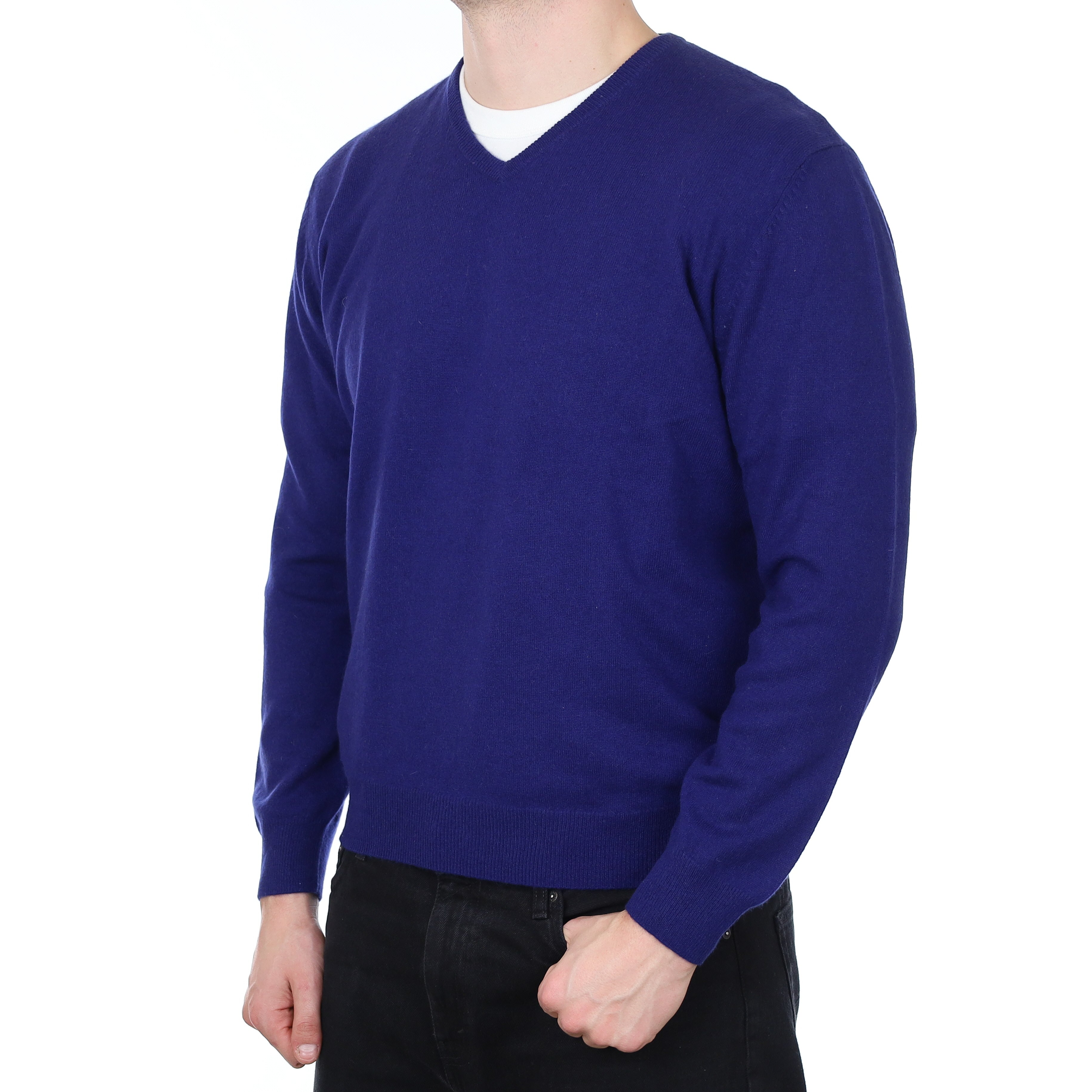 Men's Indigo Blue Cashmere V Neck Jumper XL