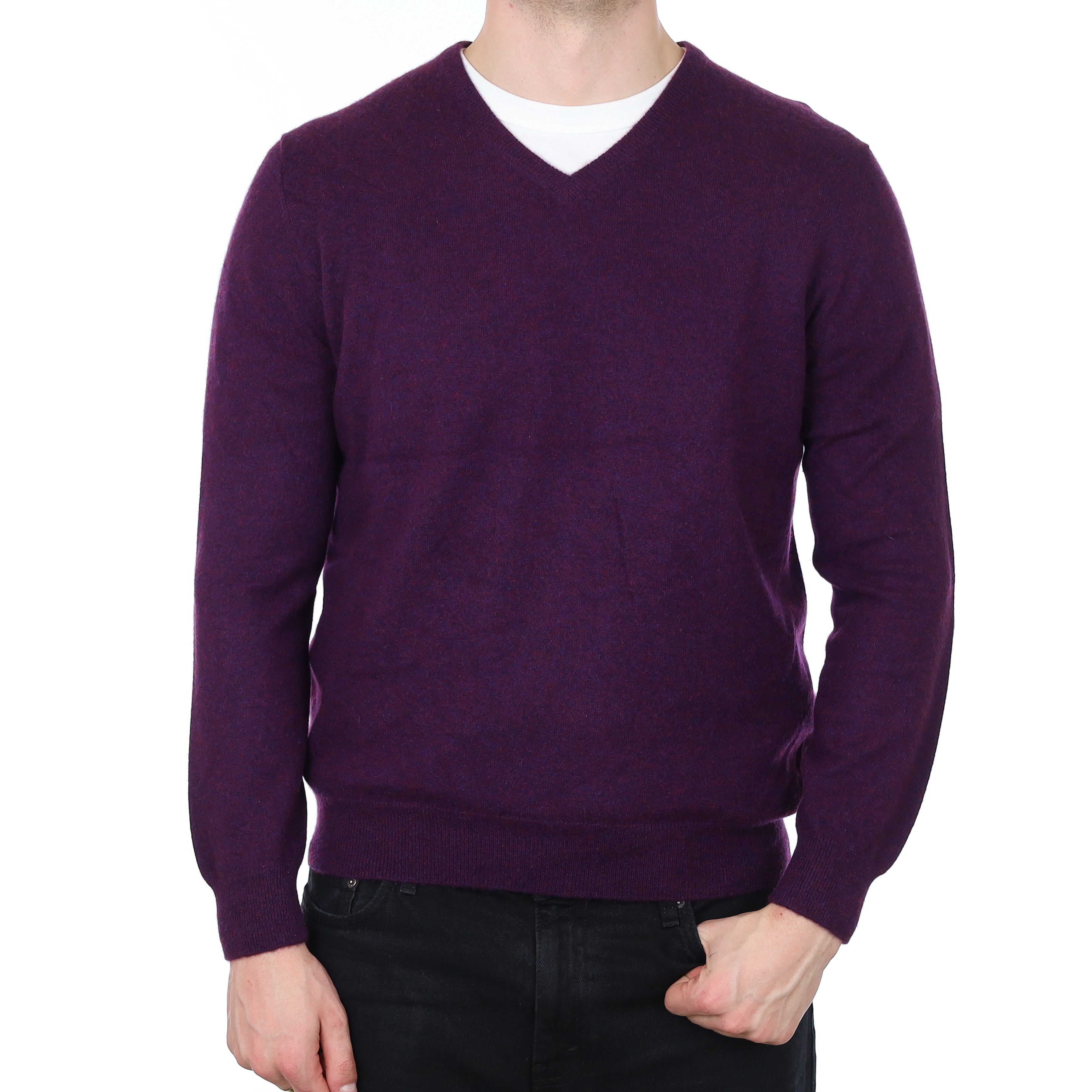 Men's Damson Purple Marl Cashmere V Neck Jumper XL
