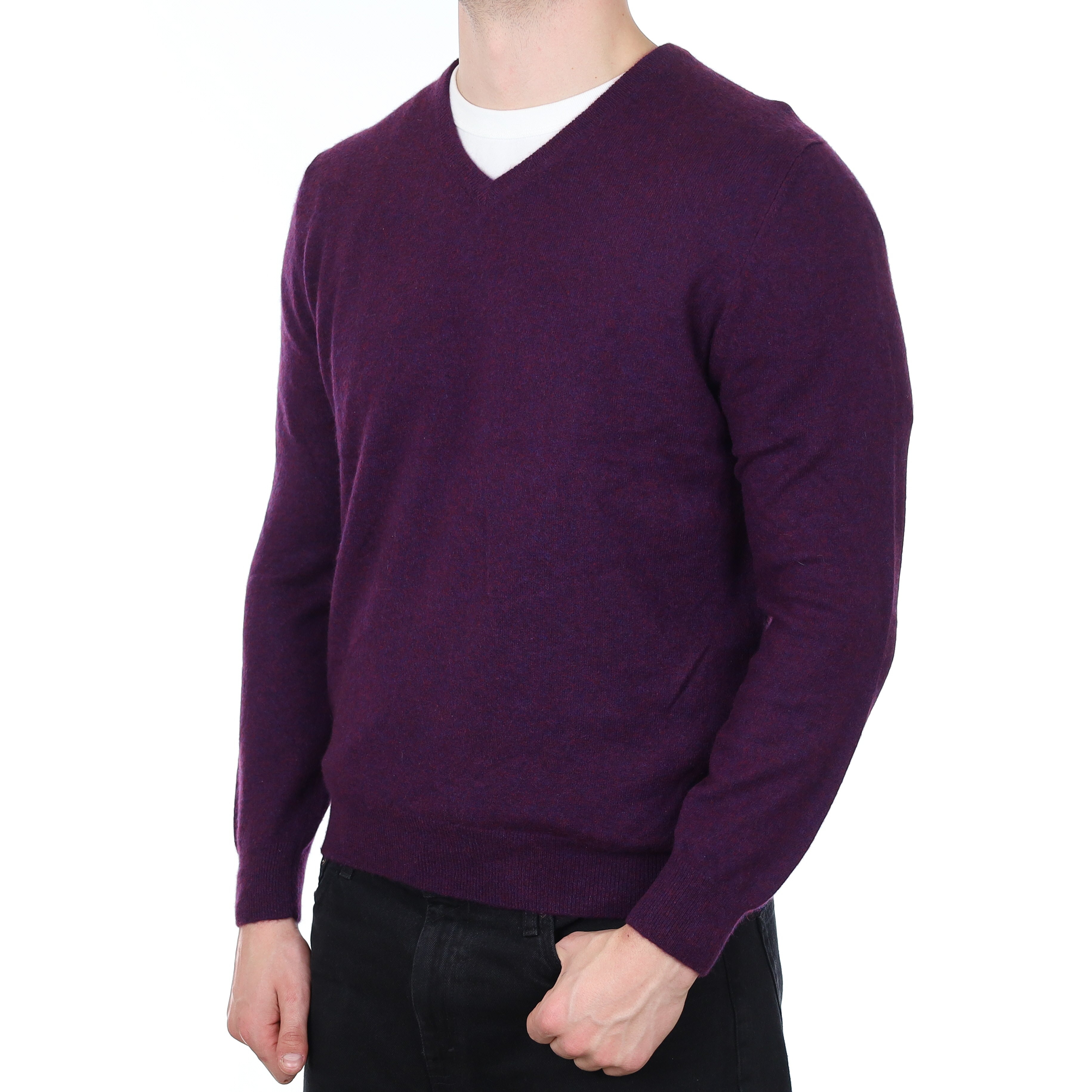 Men's Damson Purple Marl Cashmere V Neck Jumper XL