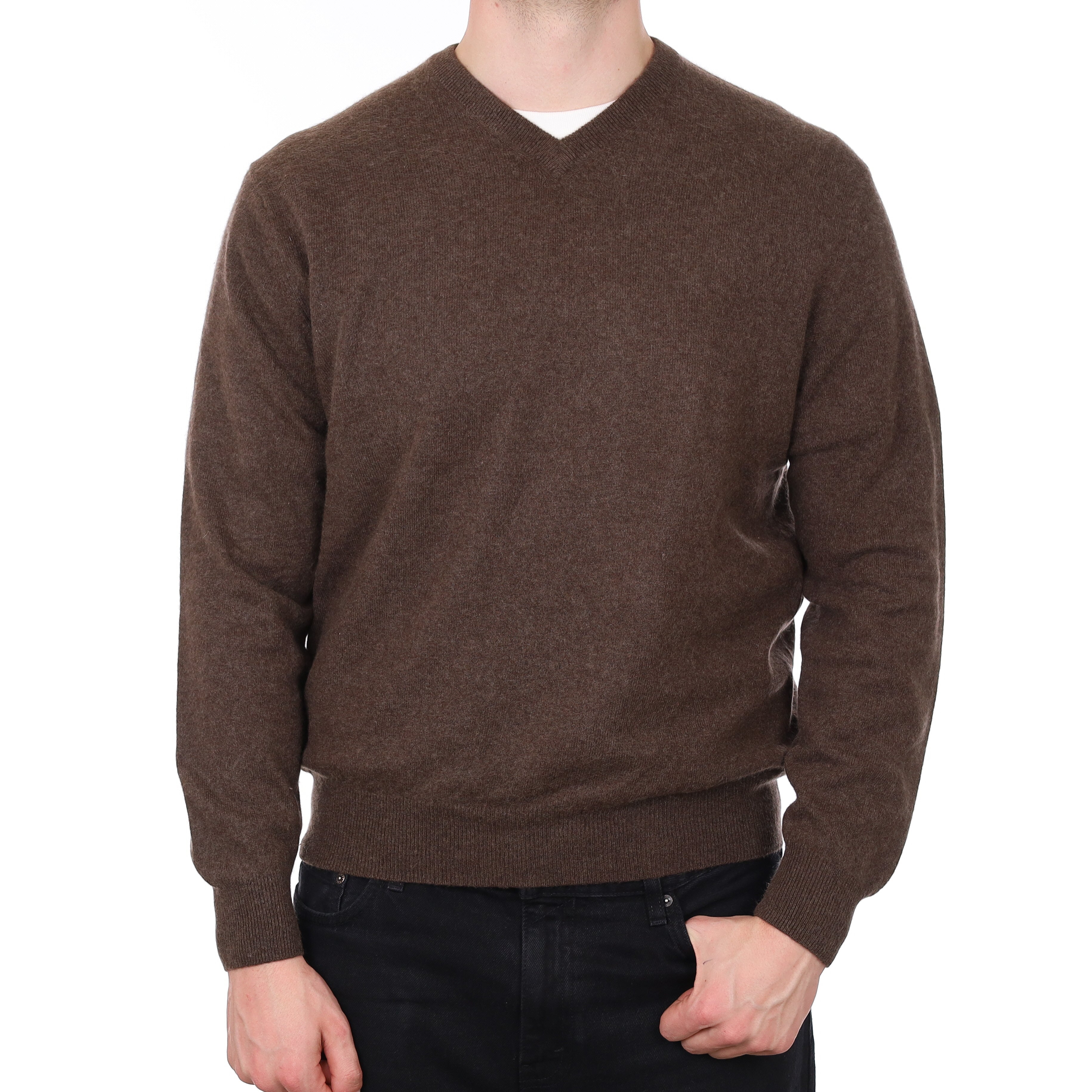 Men's Mole Brown Cashmere V Neck Jumper XL