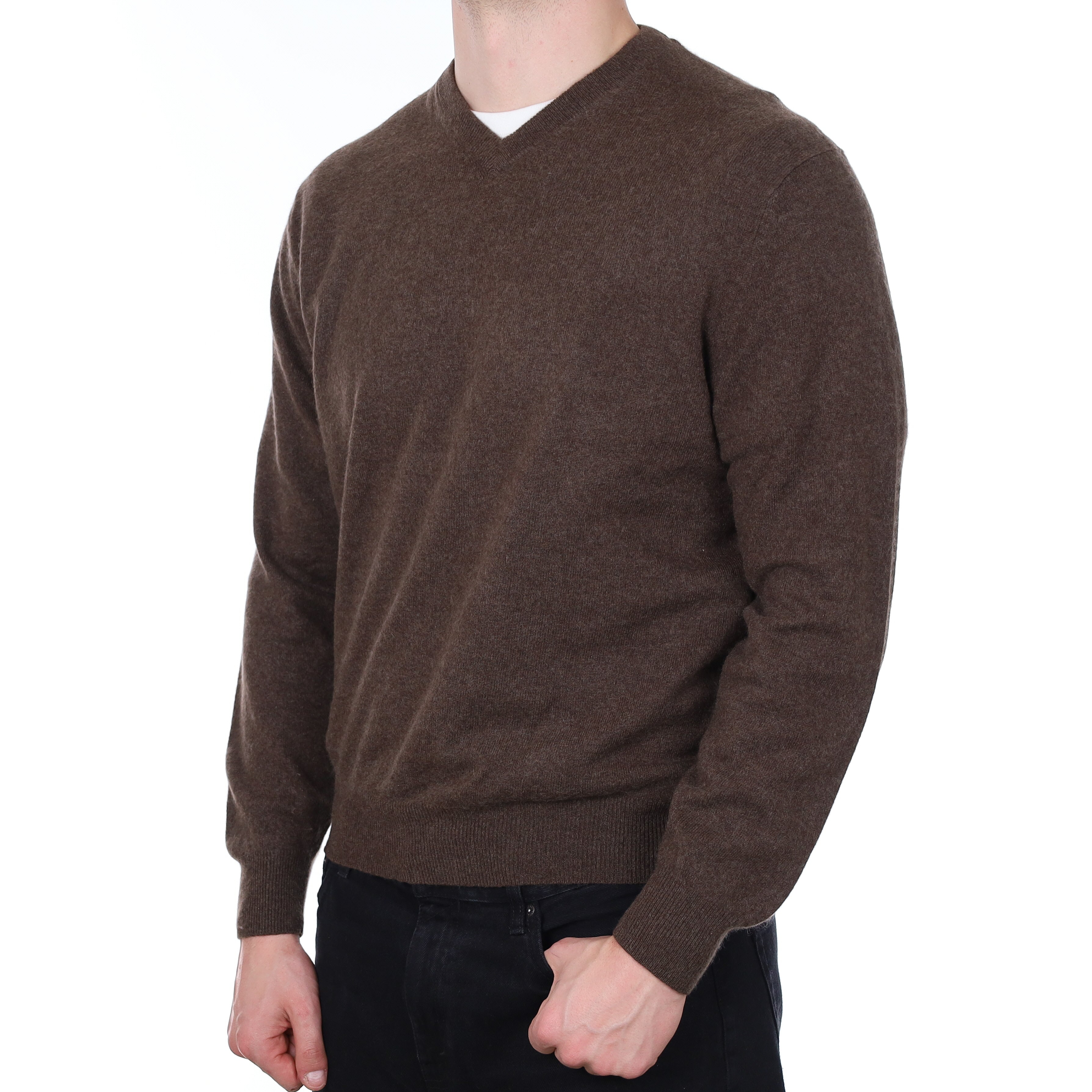 Men's Mole Brown Cashmere V Neck Jumper XL