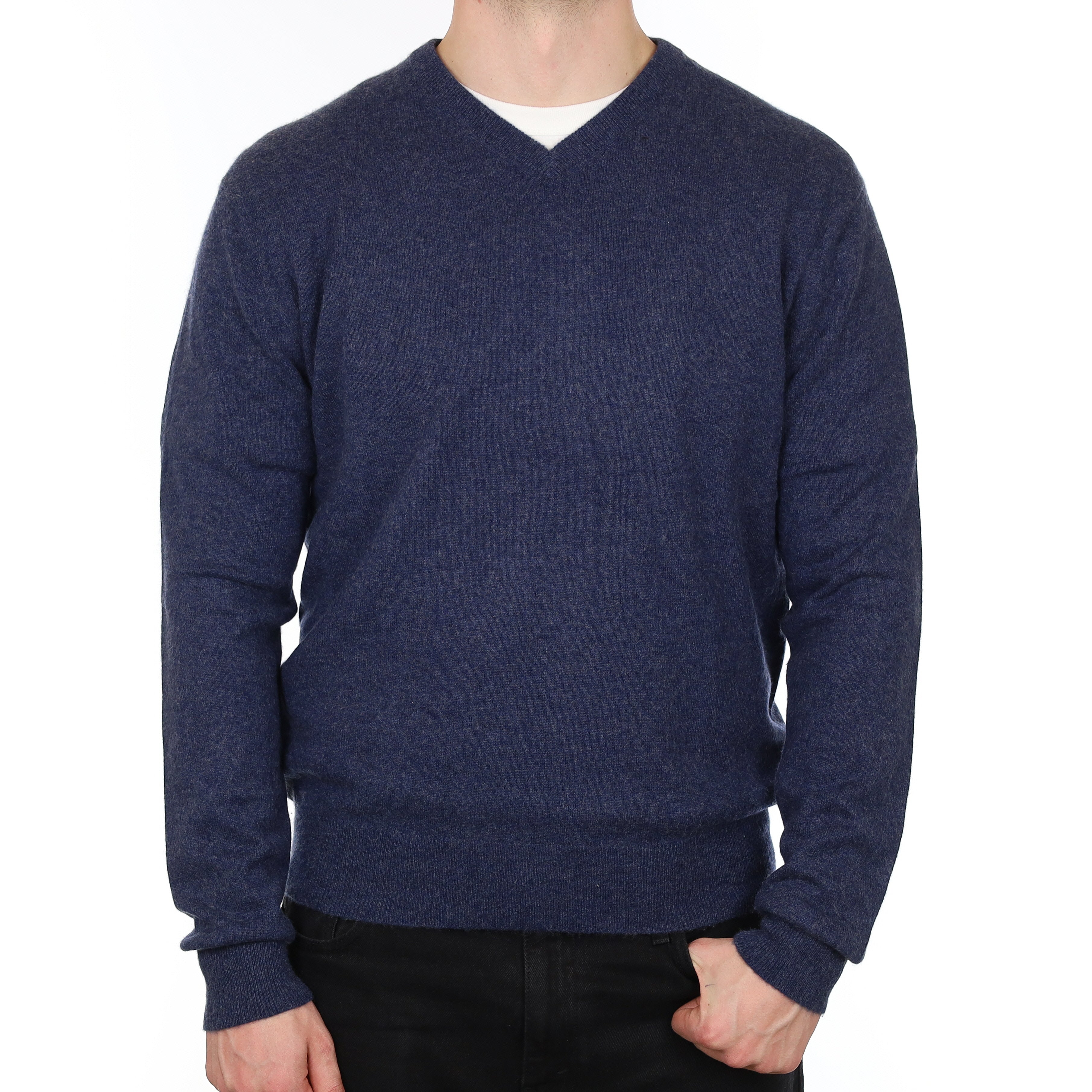 Men's Naval Blue Marl Cashmere V Neck Jumper XL