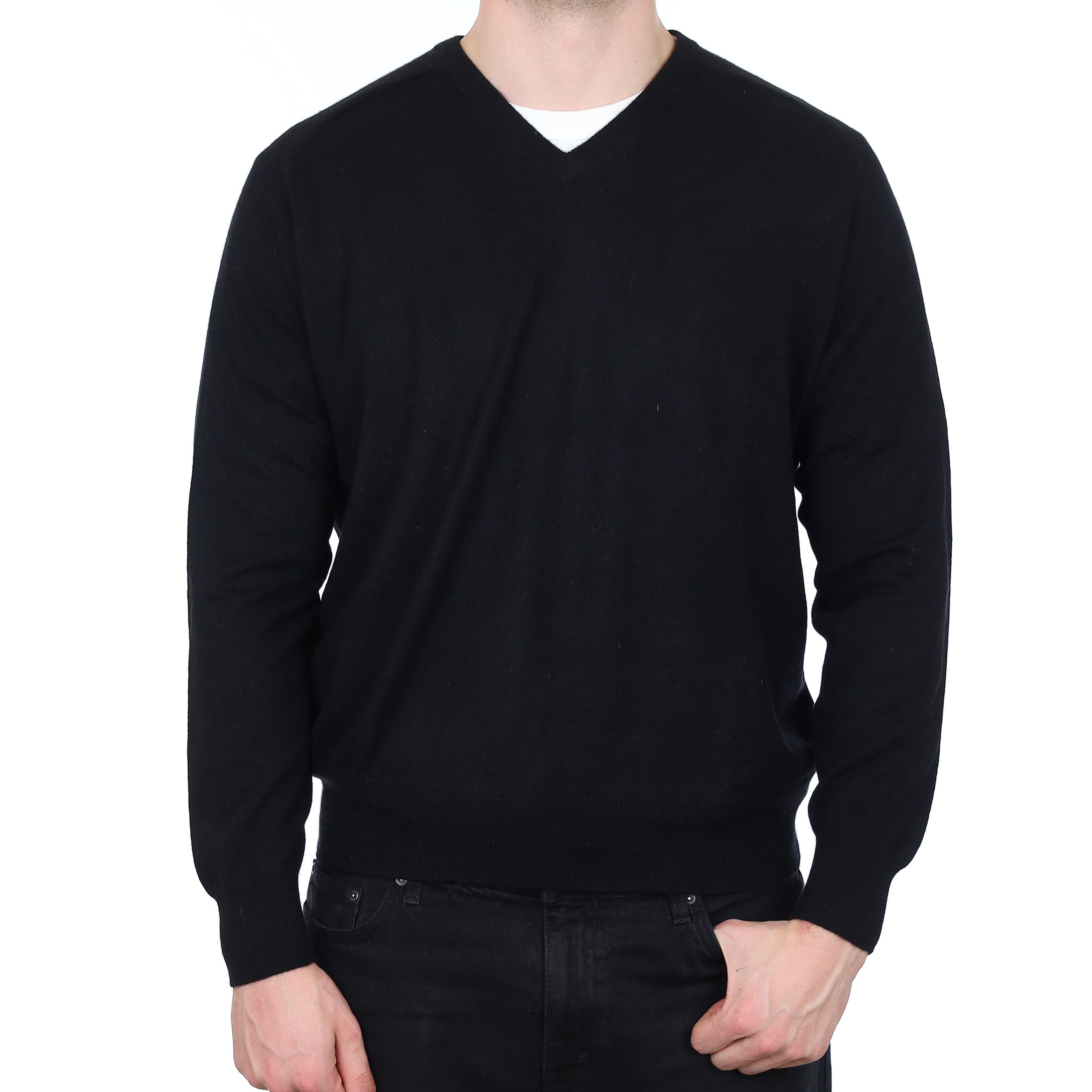 Men's Black Cashmere V Neck Jumper XL