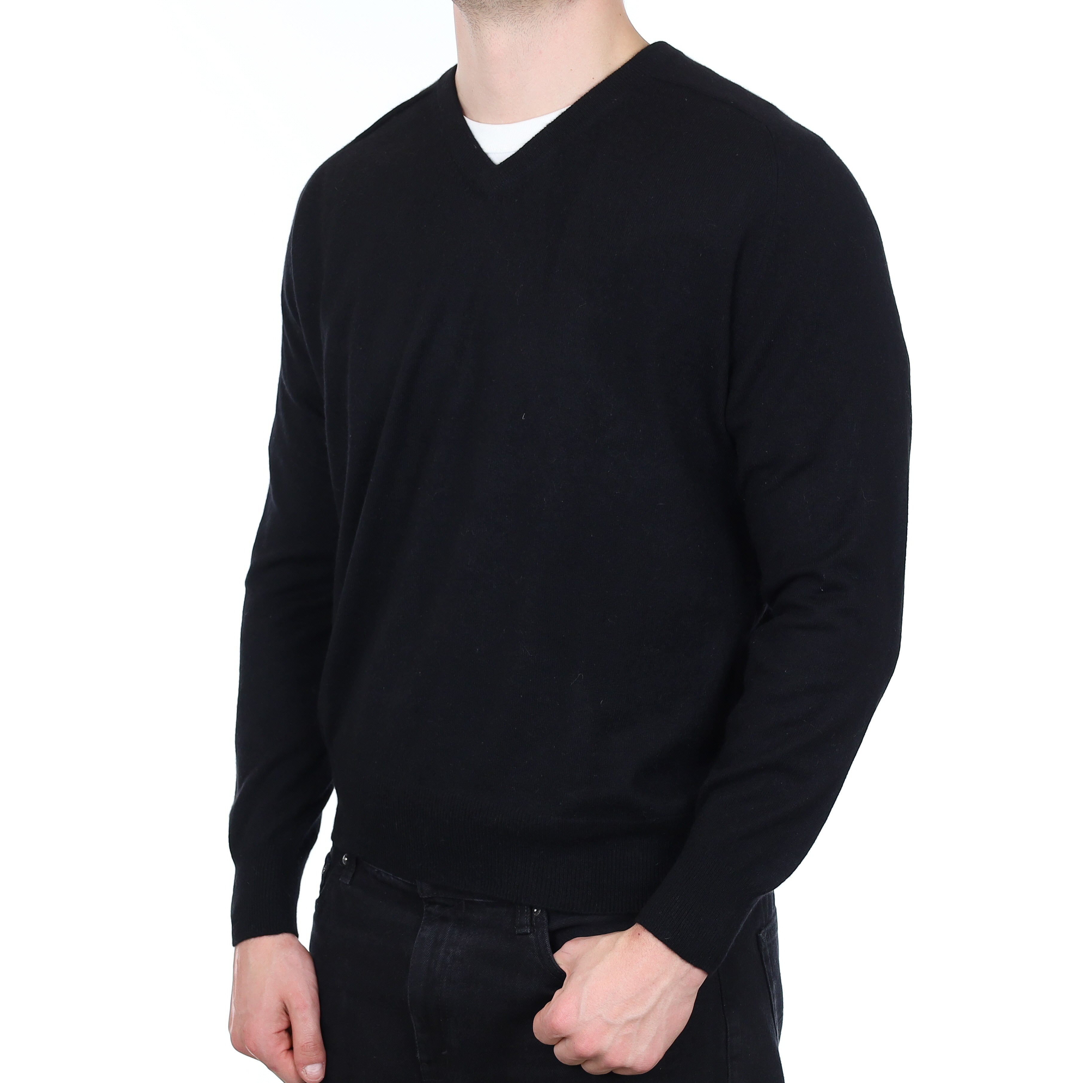 Men's Black Cashmere V Neck Jumper XL