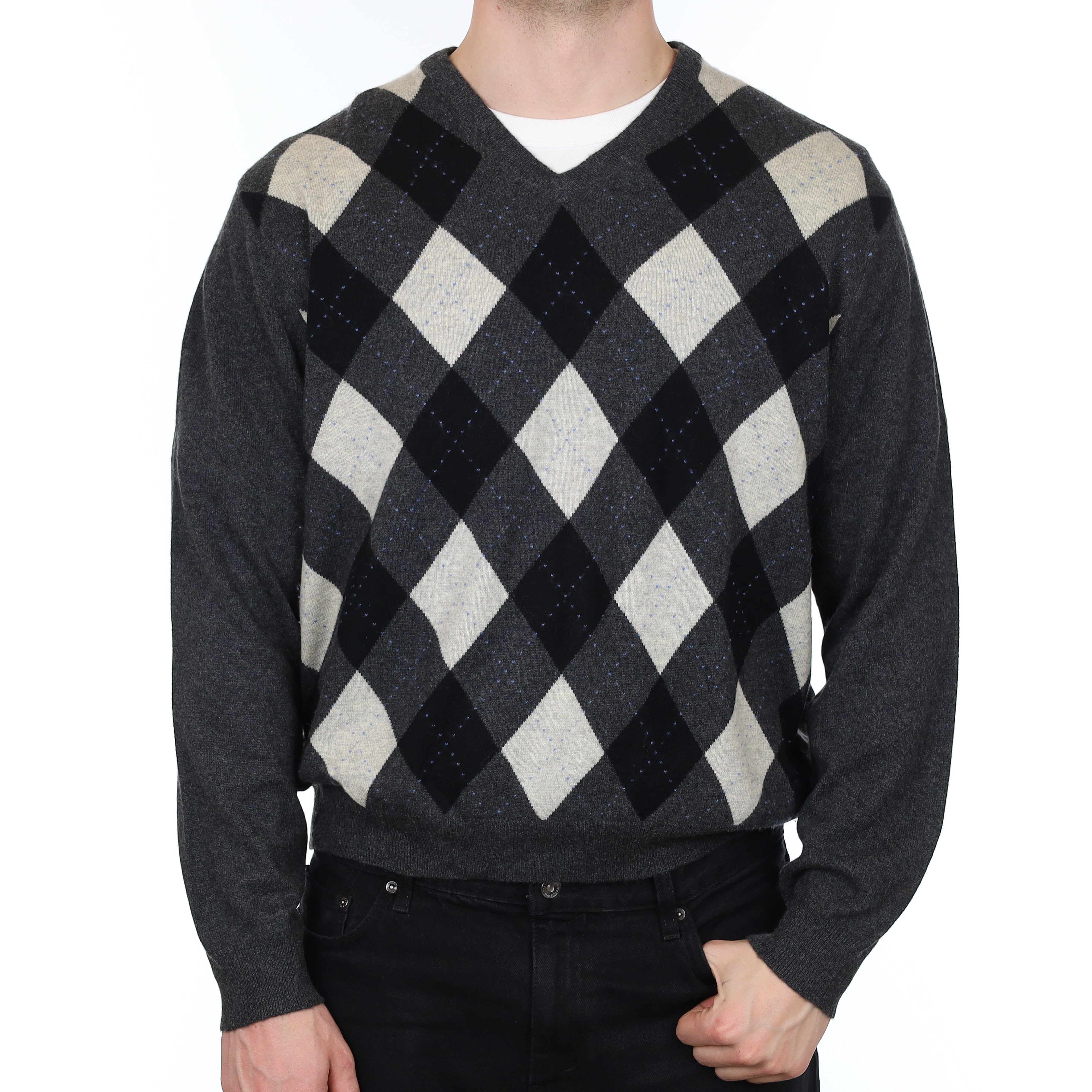 Men's Grey and Black Argyle Cashmere V Neck Jumper XL