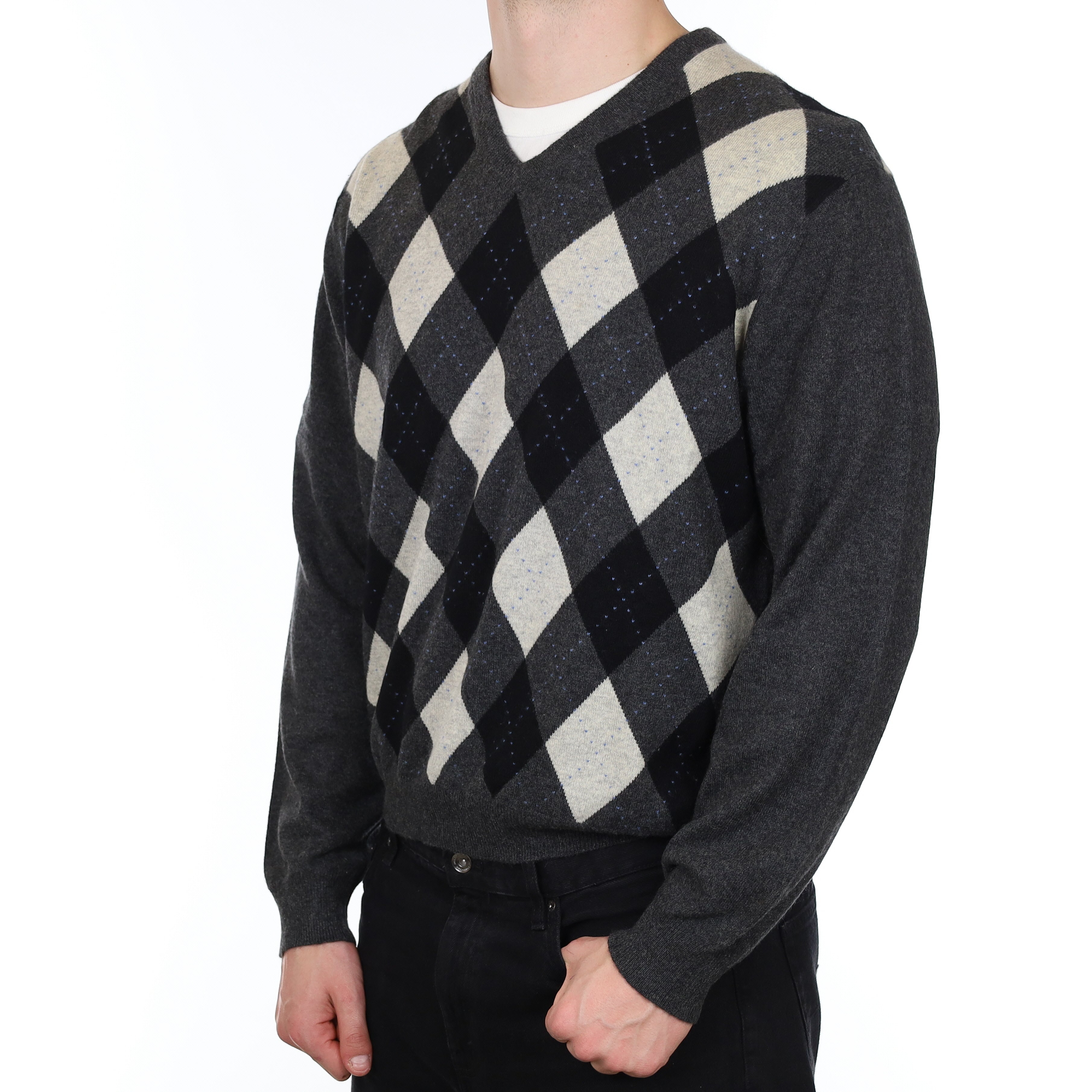 Men's Grey and Black Argyle Cashmere V Neck Jumper XL