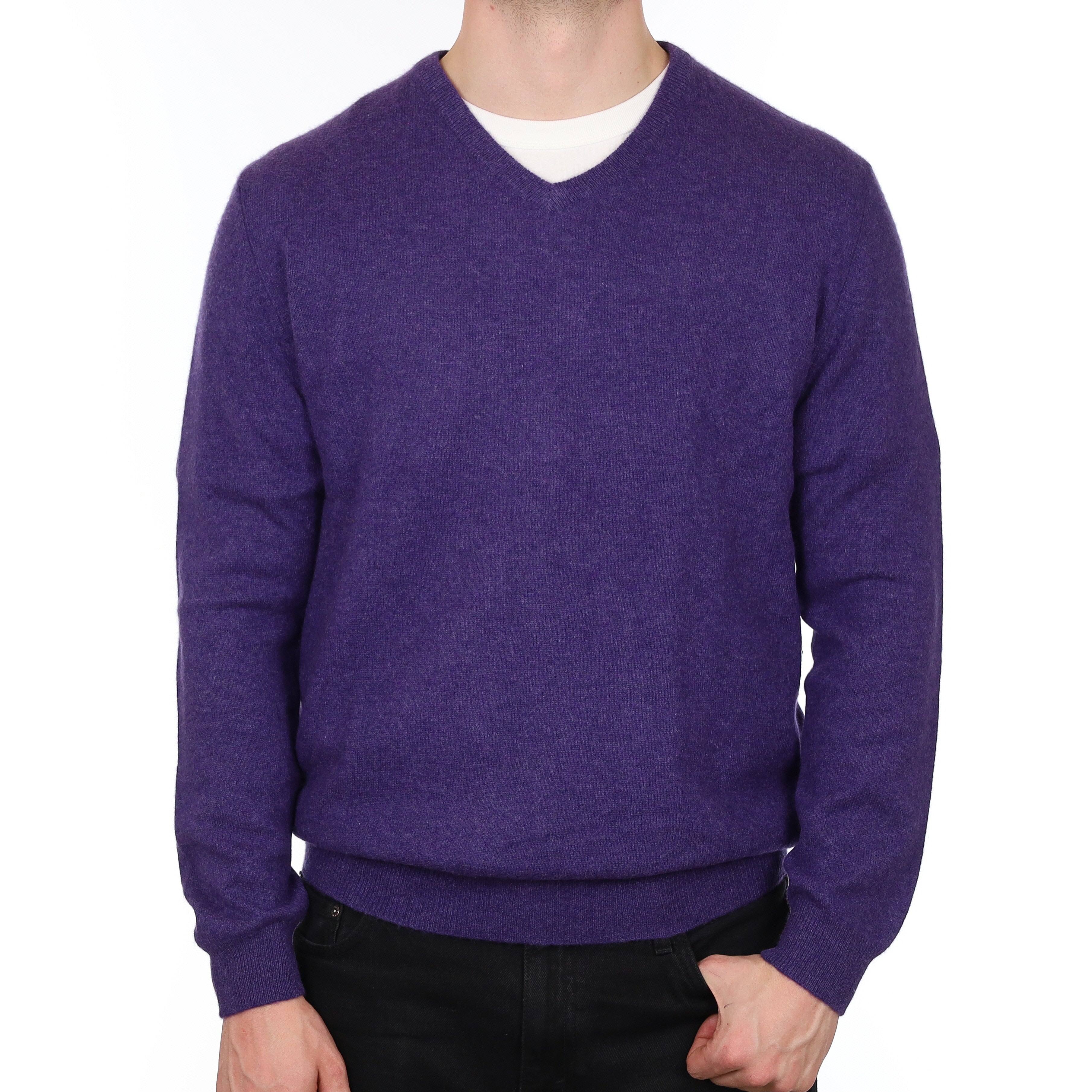Men's Amethyst Purple Cashmere V Neck Jumper XL