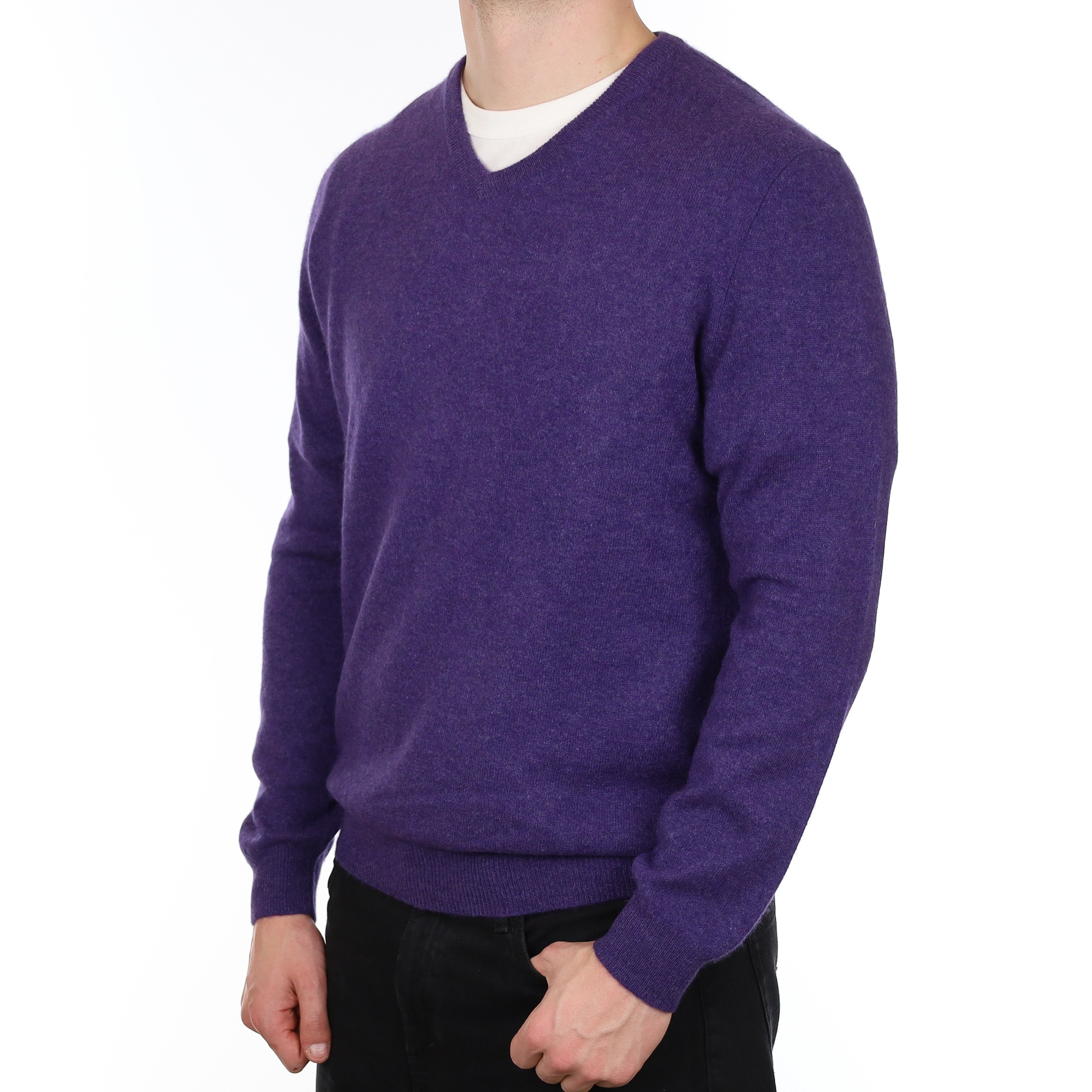 Men's Amethyst Purple Cashmere V Neck Jumper XL