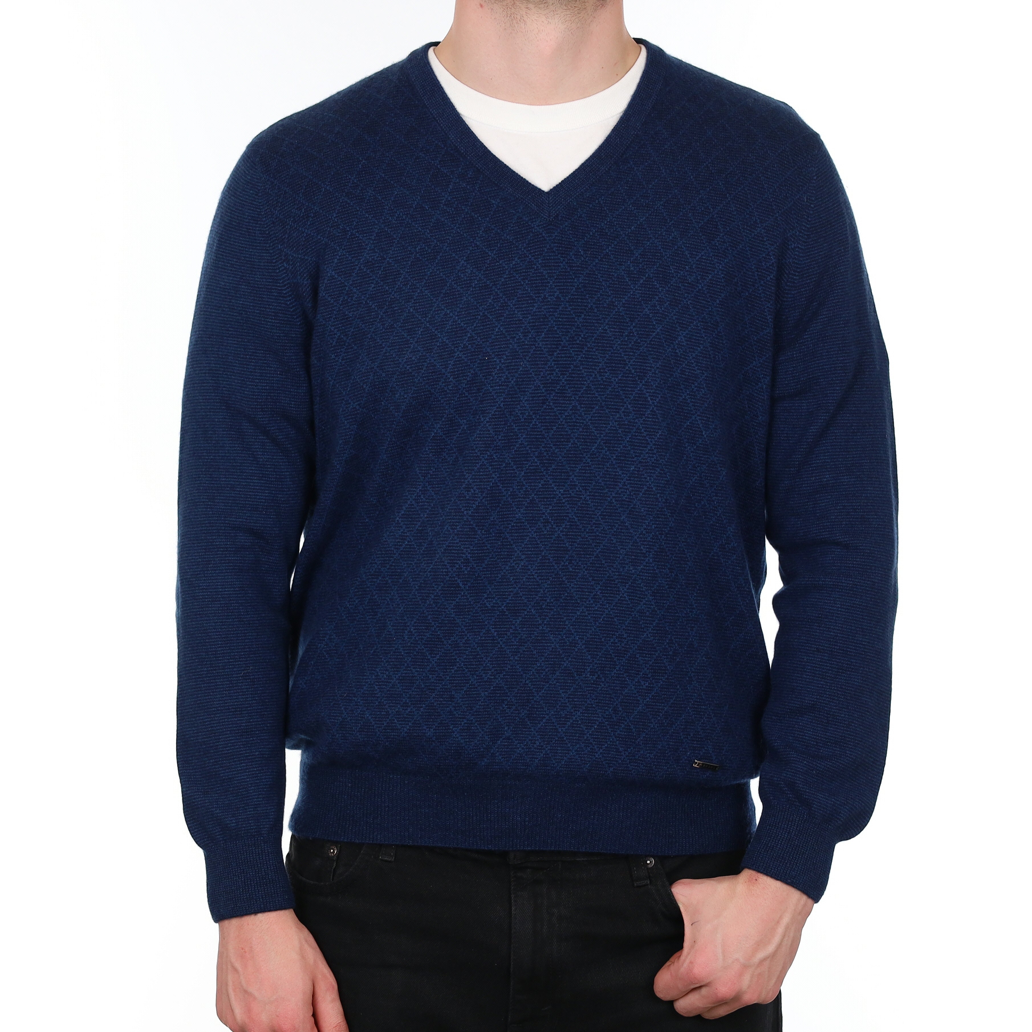 Men's Navy Diamond Pattern Cashmere V Neck Jumper XL
