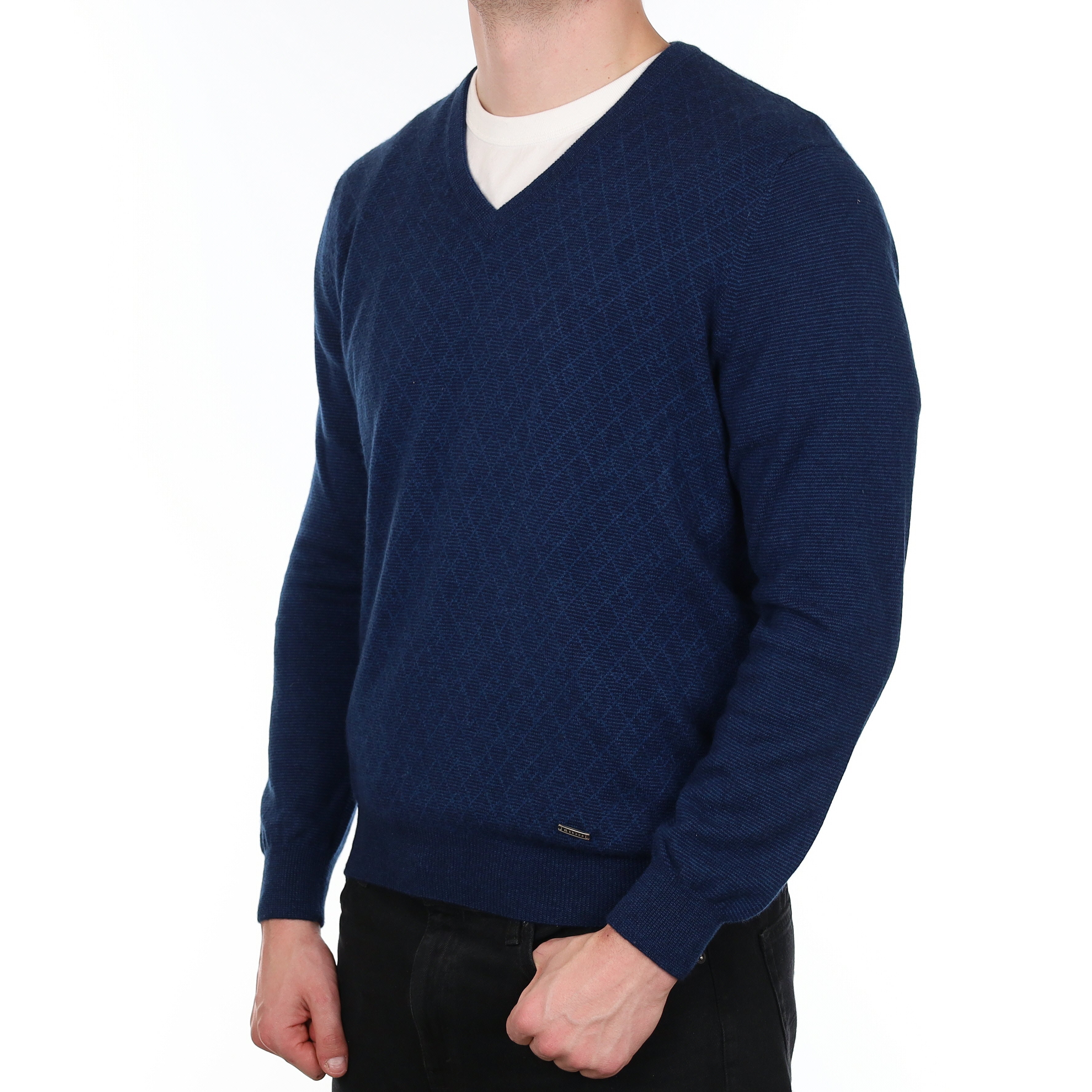 Men's Navy Diamond Pattern Cashmere V Neck Jumper XL