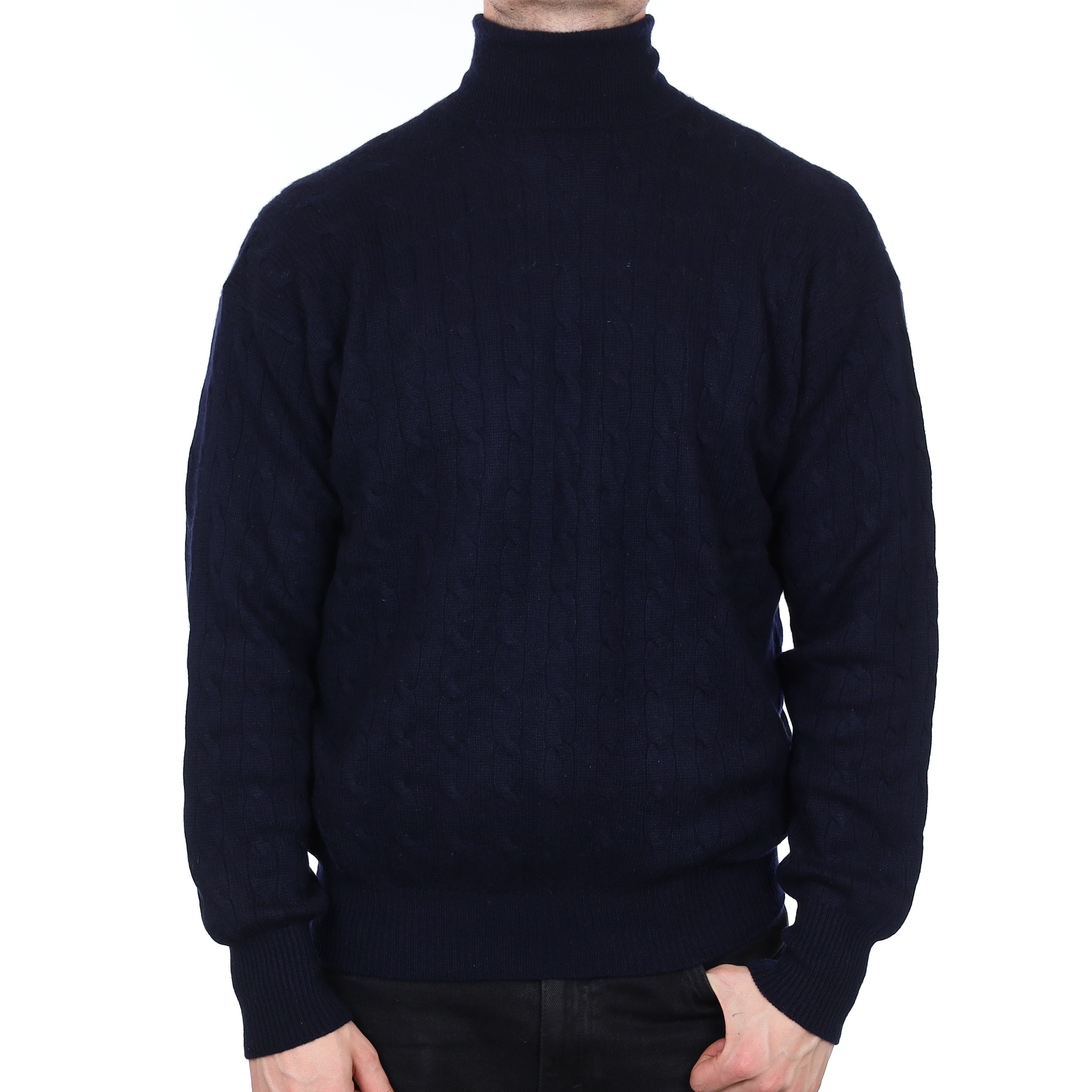 Men's Navy Cable Cashmere Polo Neck Jumper XXL