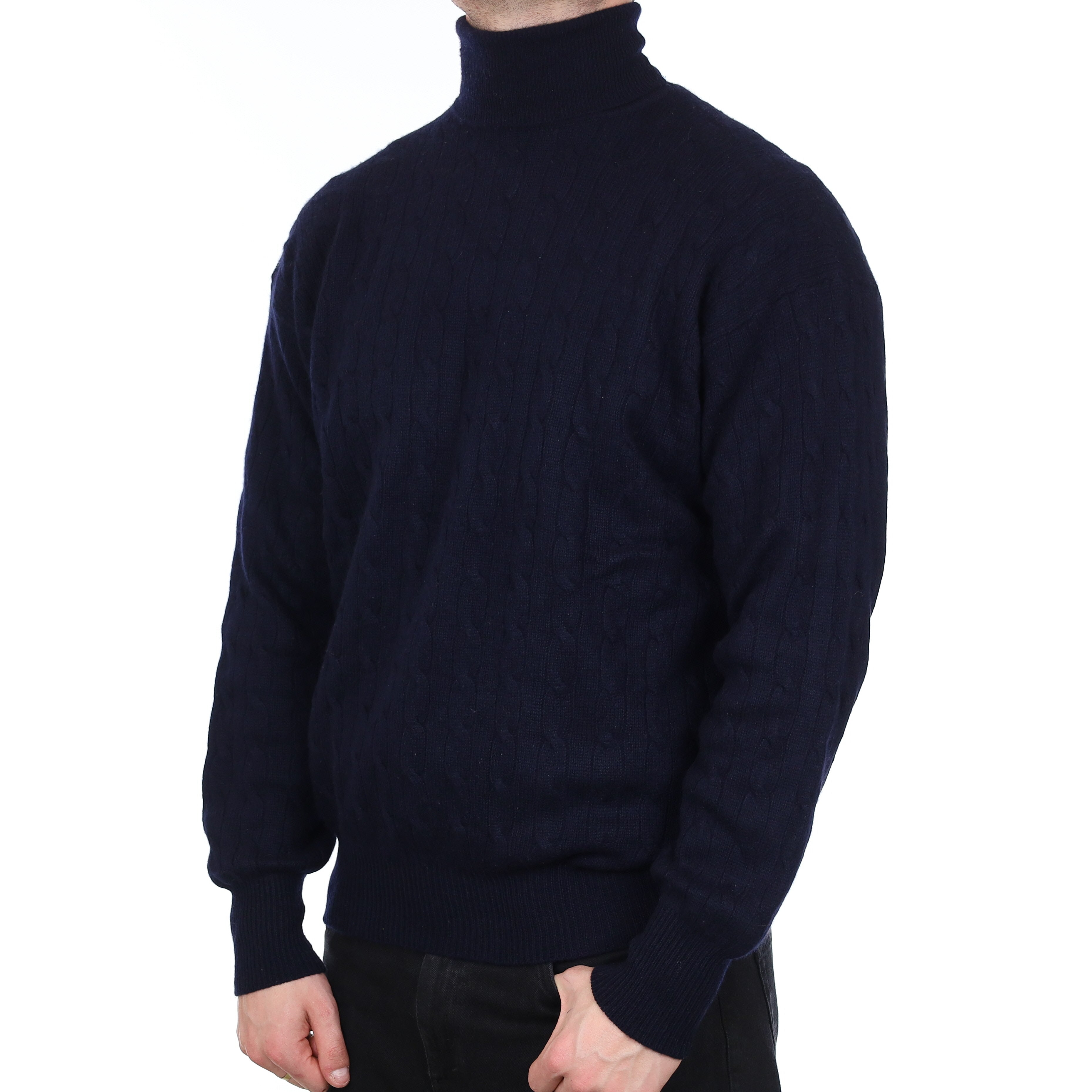 Men's Navy Cable Cashmere Polo Neck Jumper XXL