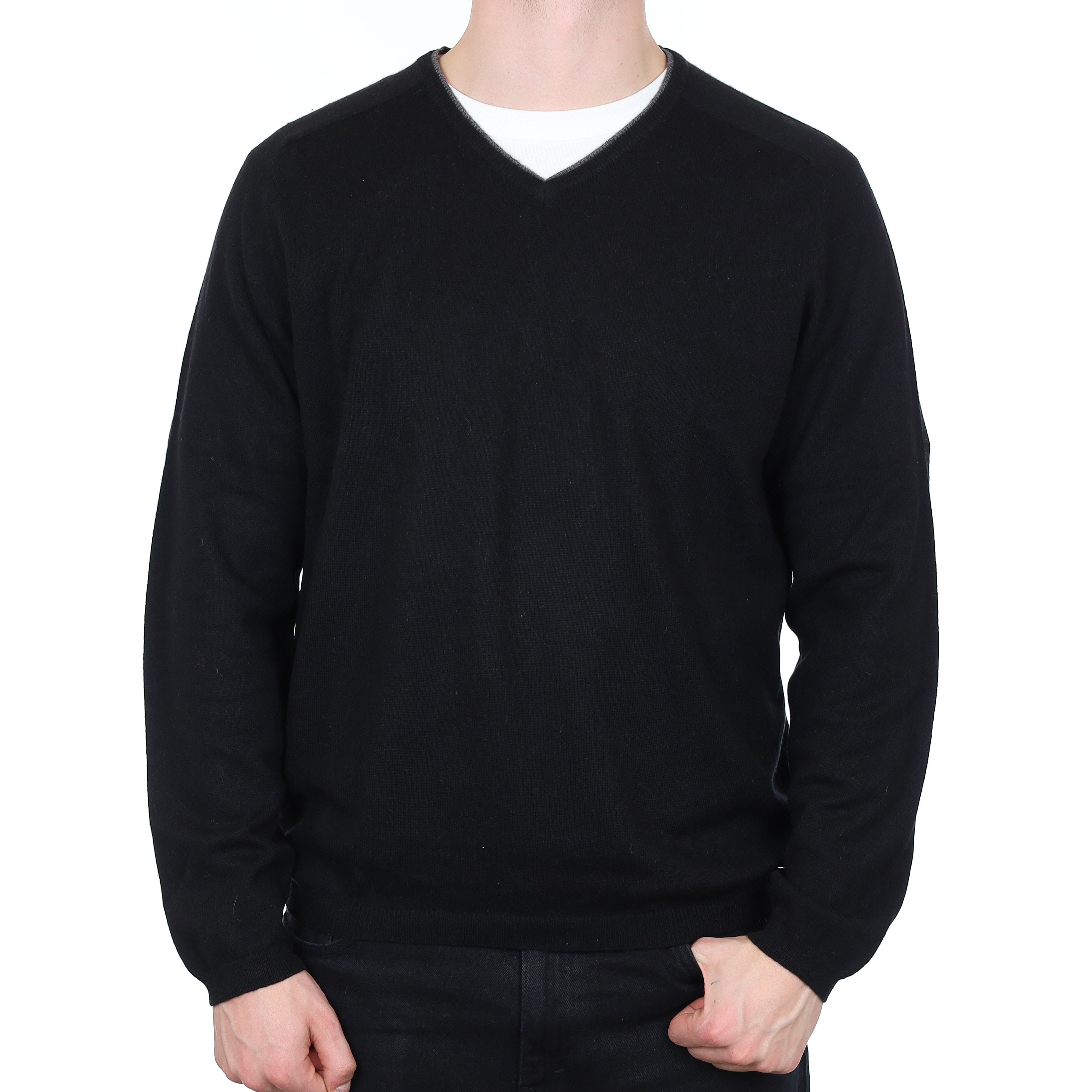 Men's Black Grey Trim Cashmere V Neck Jumper XXL