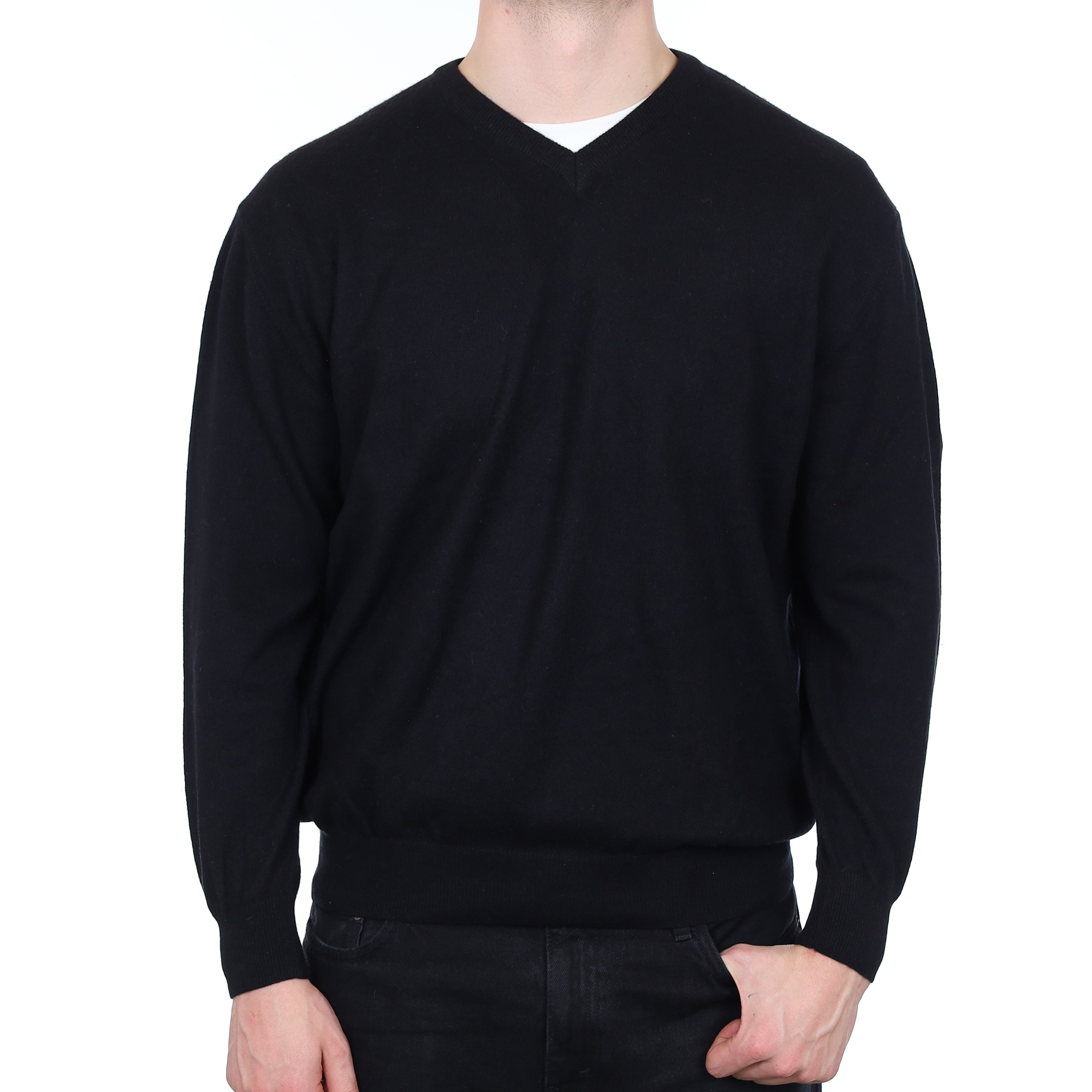 Men's Black Cashmere V Neck Jumper XXL