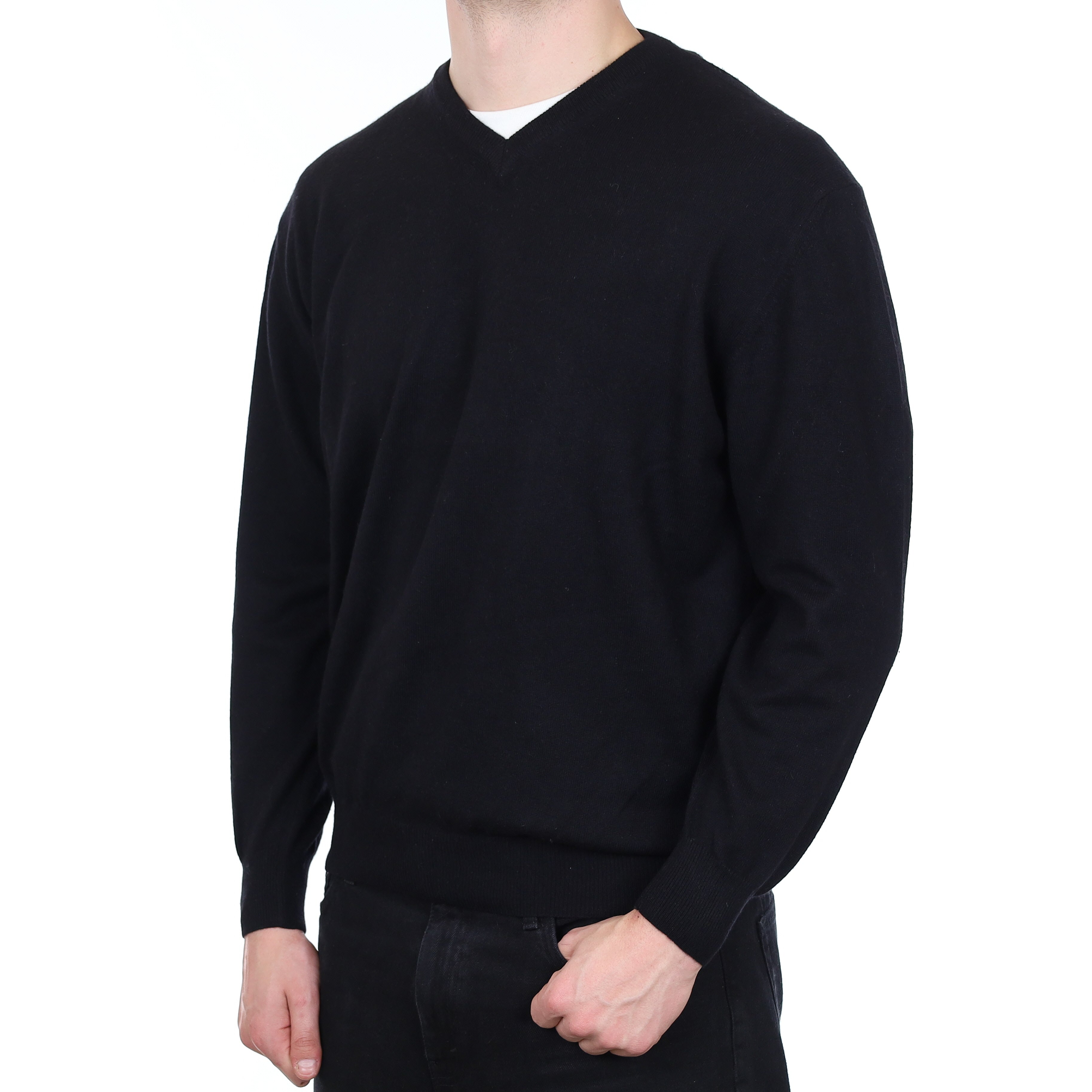 Men's Black Cashmere V Neck Jumper XXL
