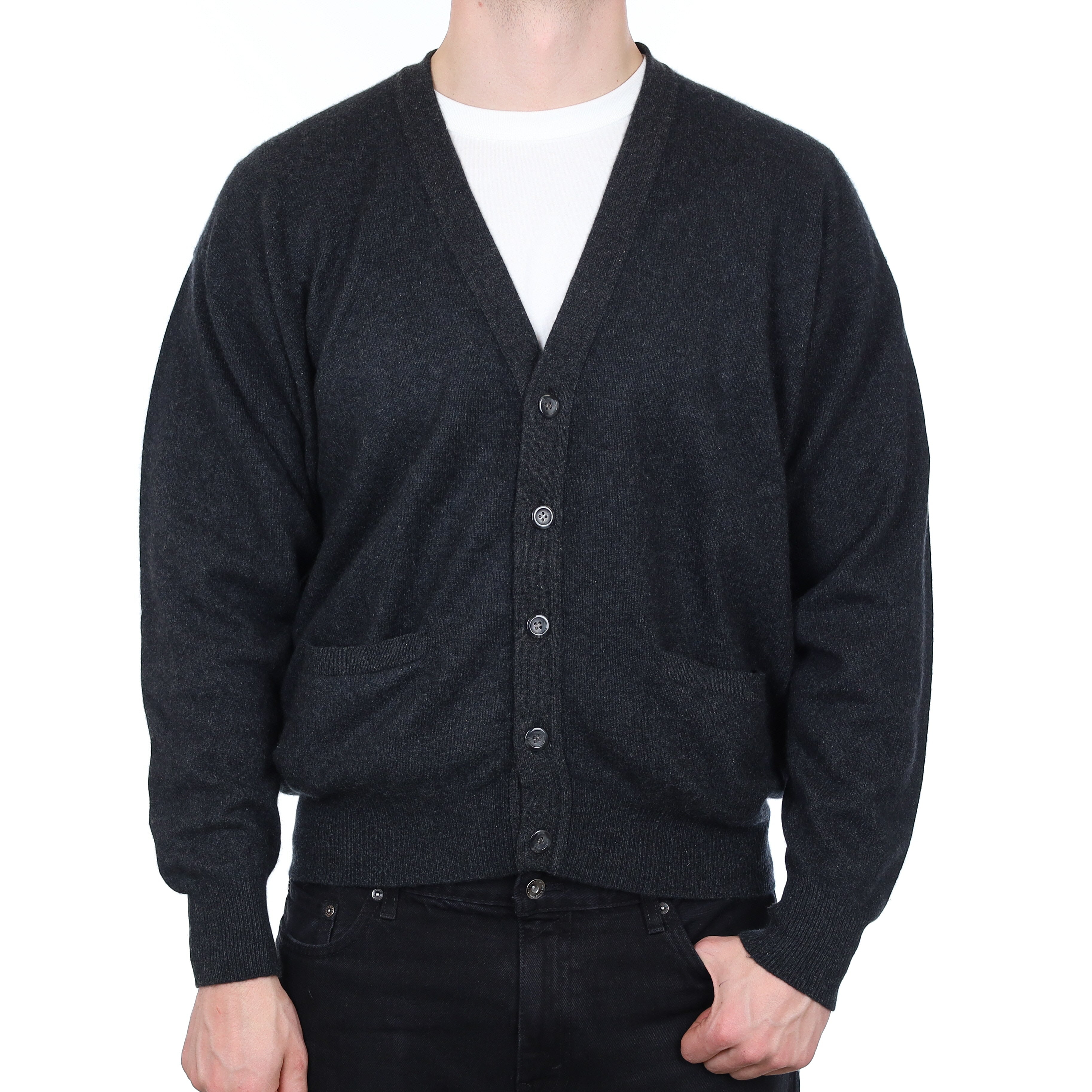 Men's Charcoal Grey Fleck Cashmere V Neck Cardigan with Pockets XXL