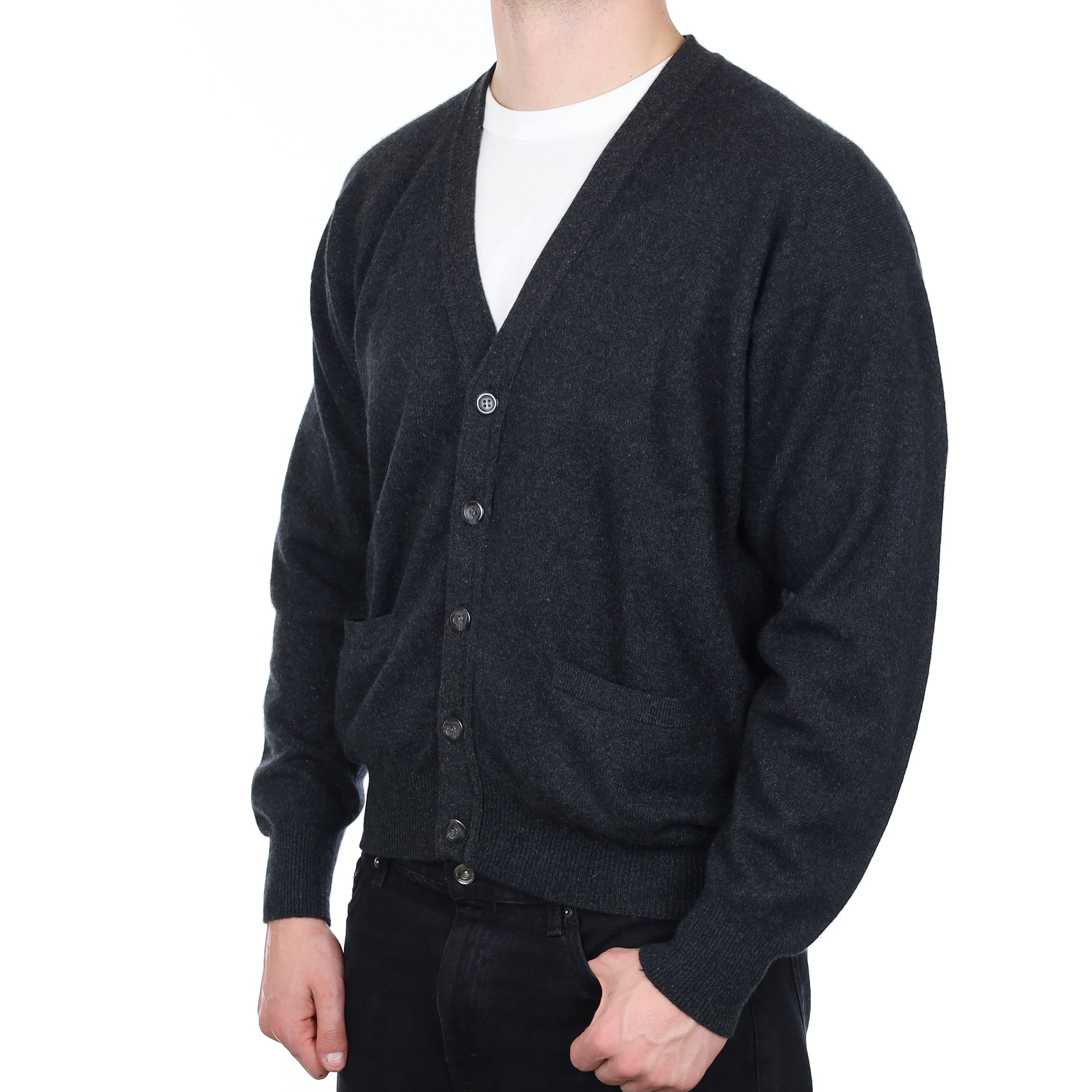 Men's Charcoal Grey Fleck Cashmere V Neck Cardigan with Pockets XXL
