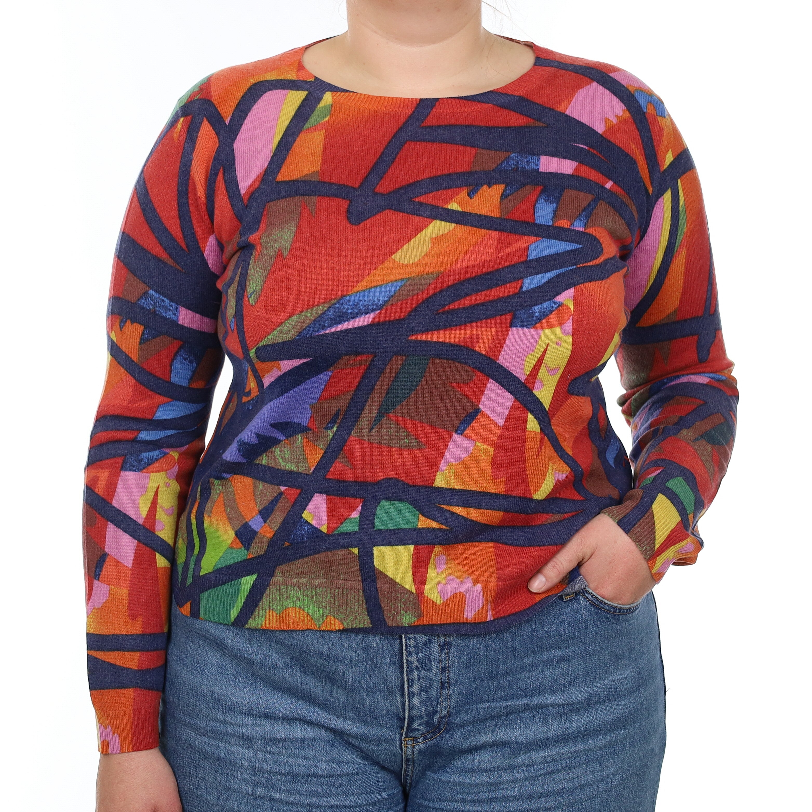 Multicolour Bold Pattern Cashmere Crew Neck Jumper Large