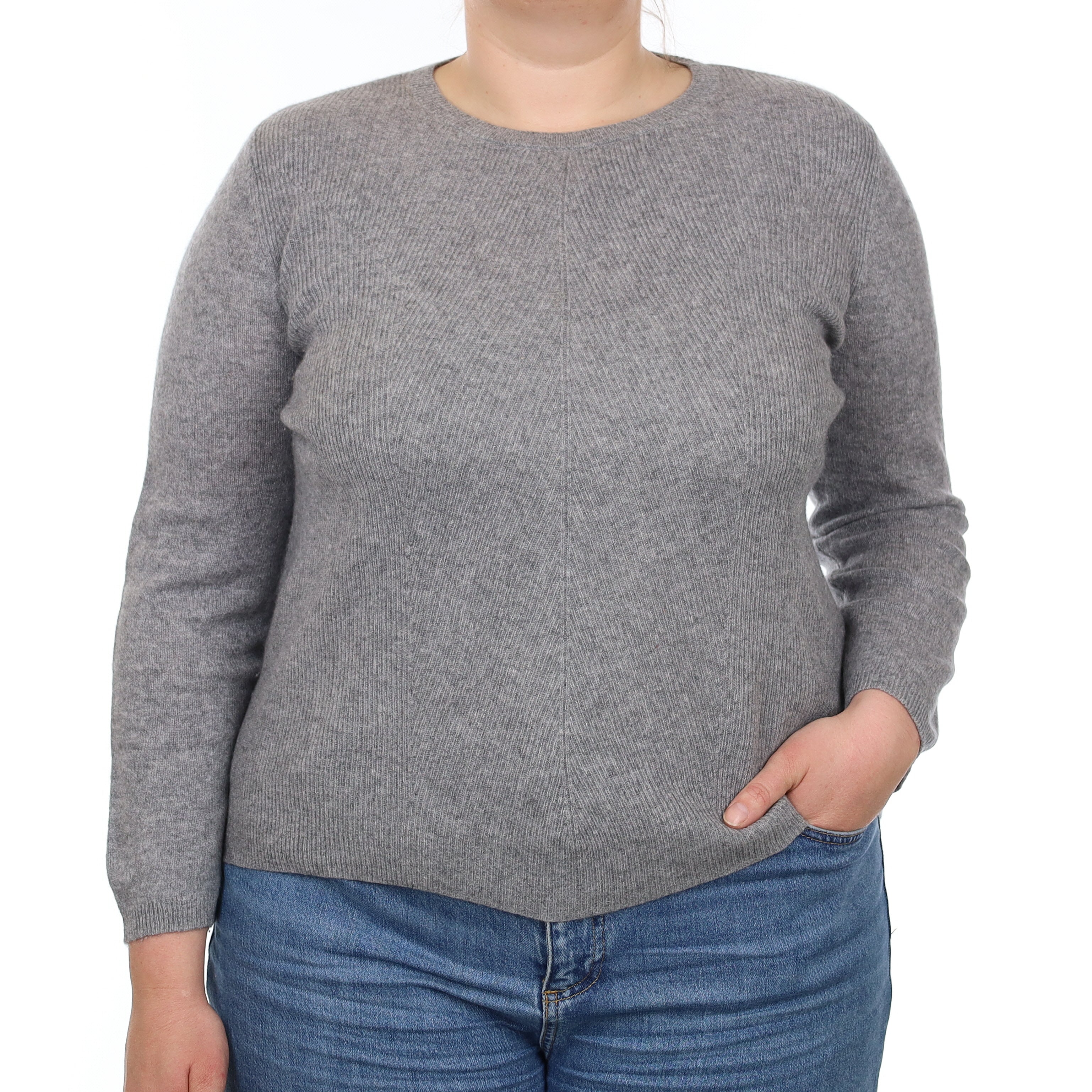 Ash Grey Rib Front Cashmere Crew Neck Jumper Large