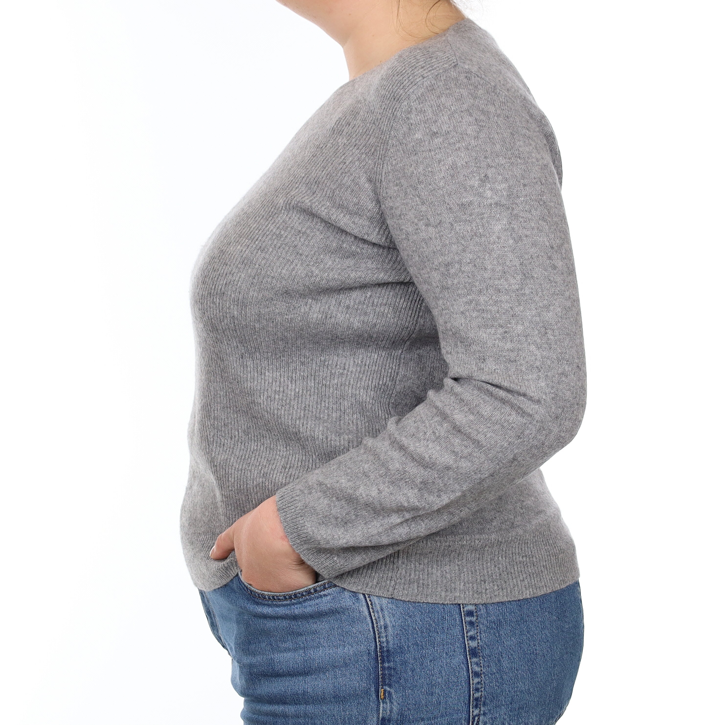 Ash Grey Rib Front Cashmere Crew Neck Jumper Large