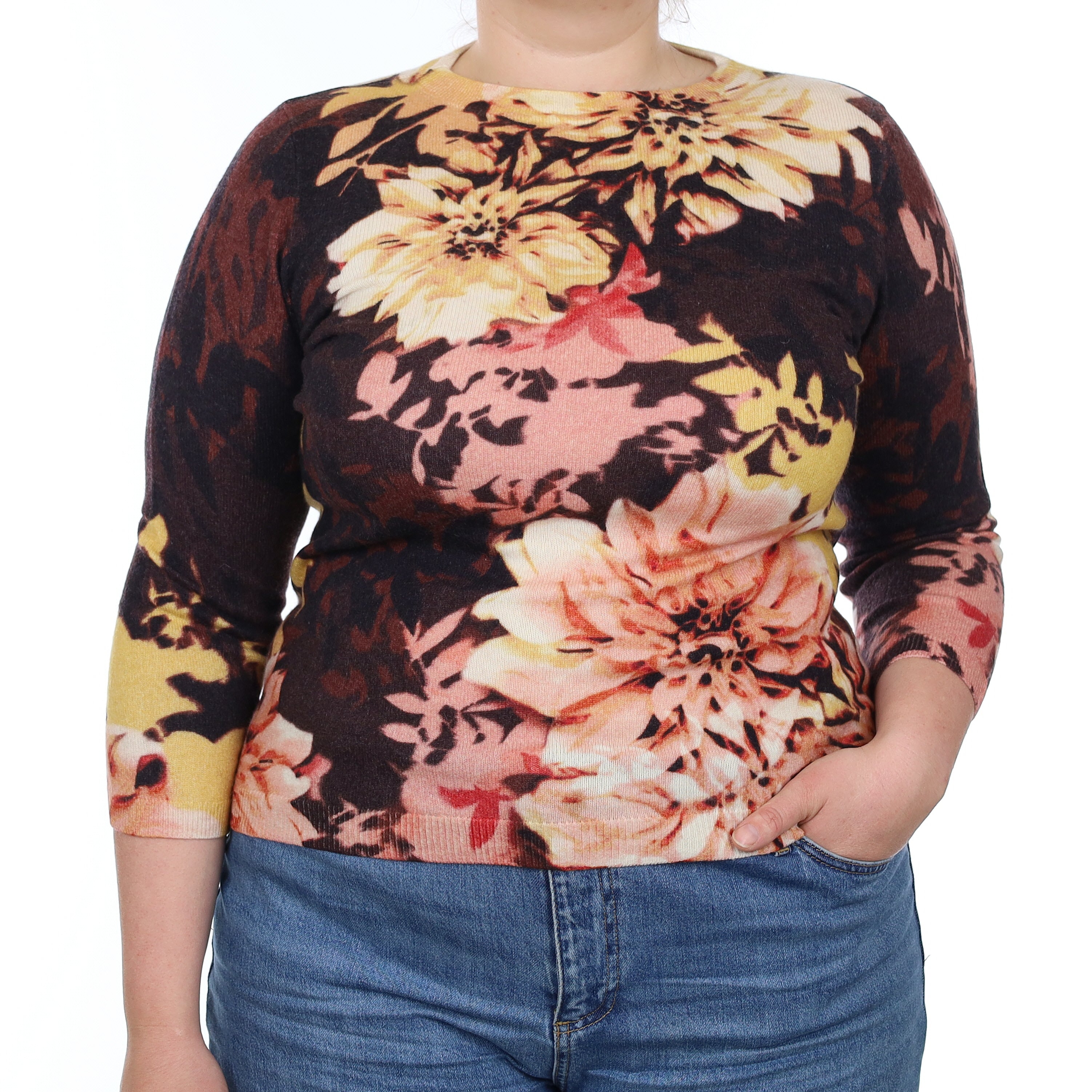 Brown and Peach Floral Cashmere Crew Neck Jumper Large