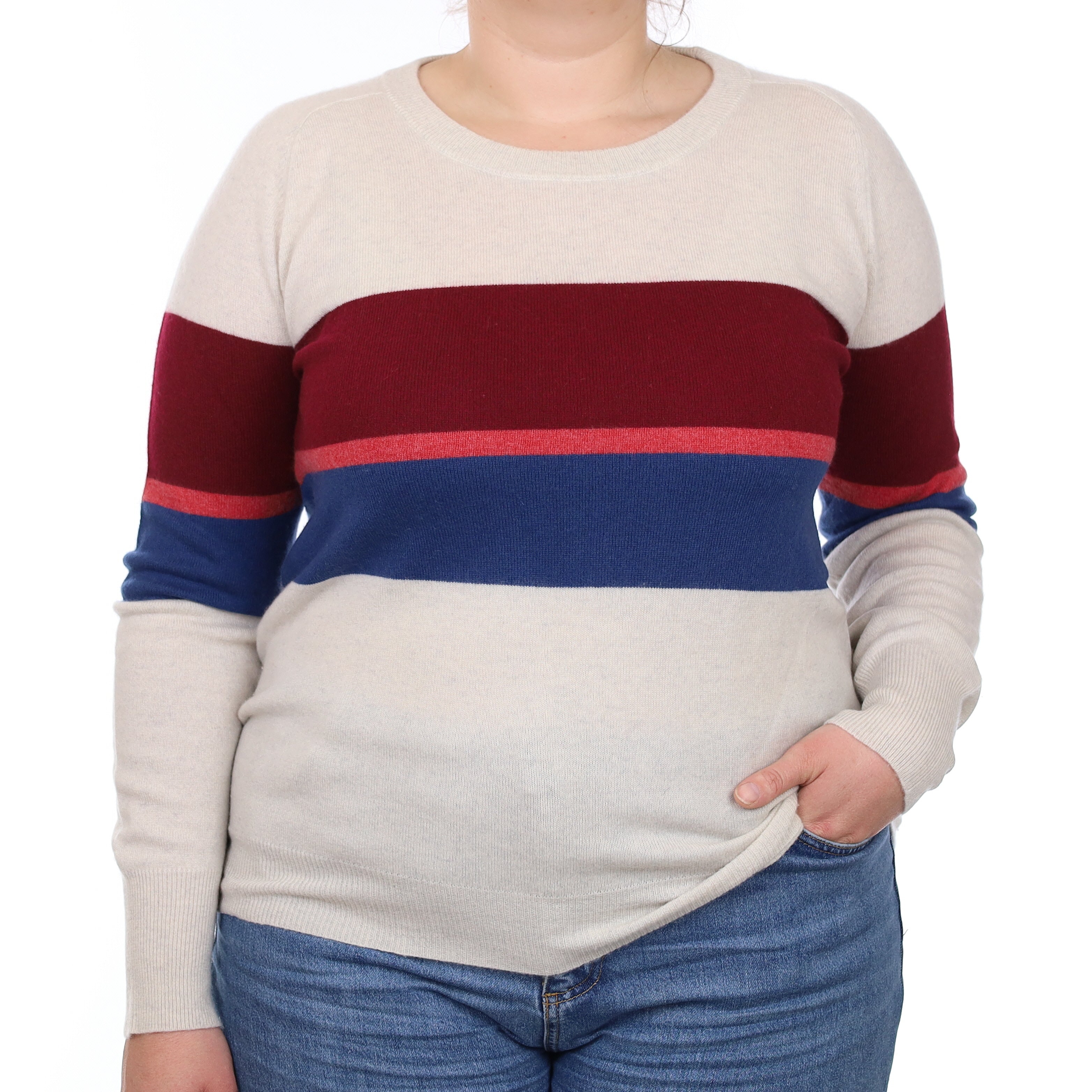 Donna Ida Grey and Burgundy Stripe Cashmere Crew Neck Jumper Large