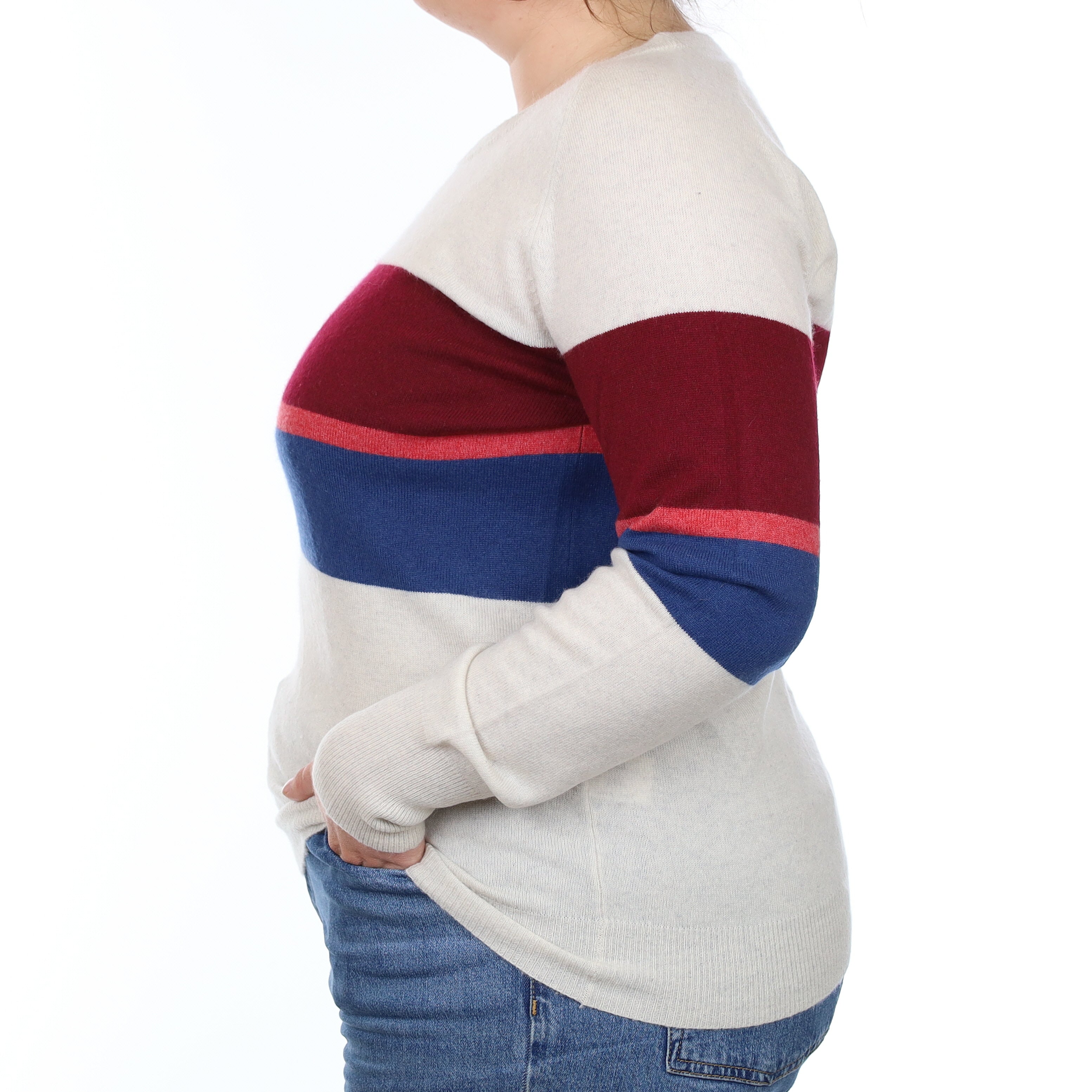 Donna Ida Grey and Burgundy Stripe Cashmere Crew Neck Jumper Large