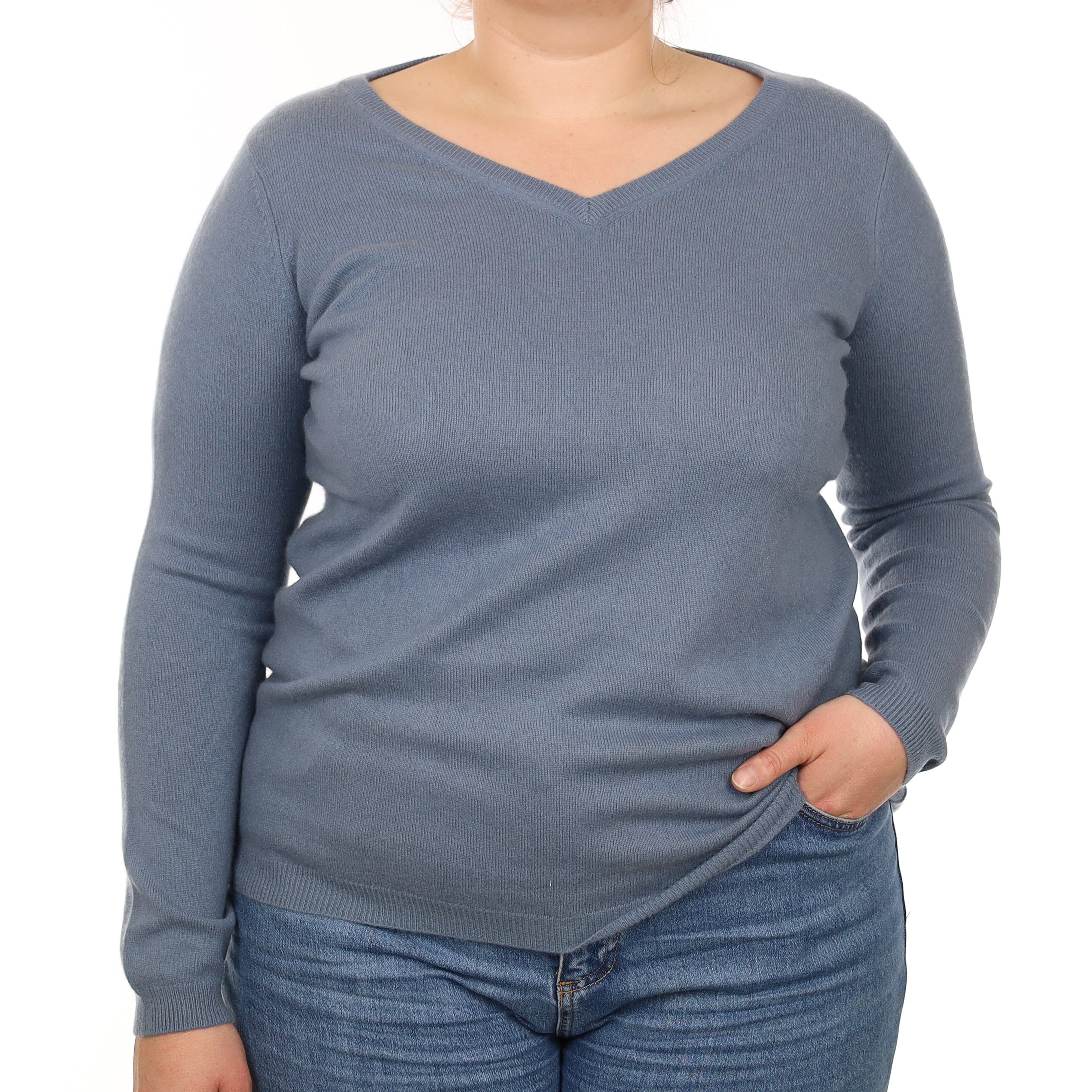 Dusky Blue Cashmere V Neck Jumper Large