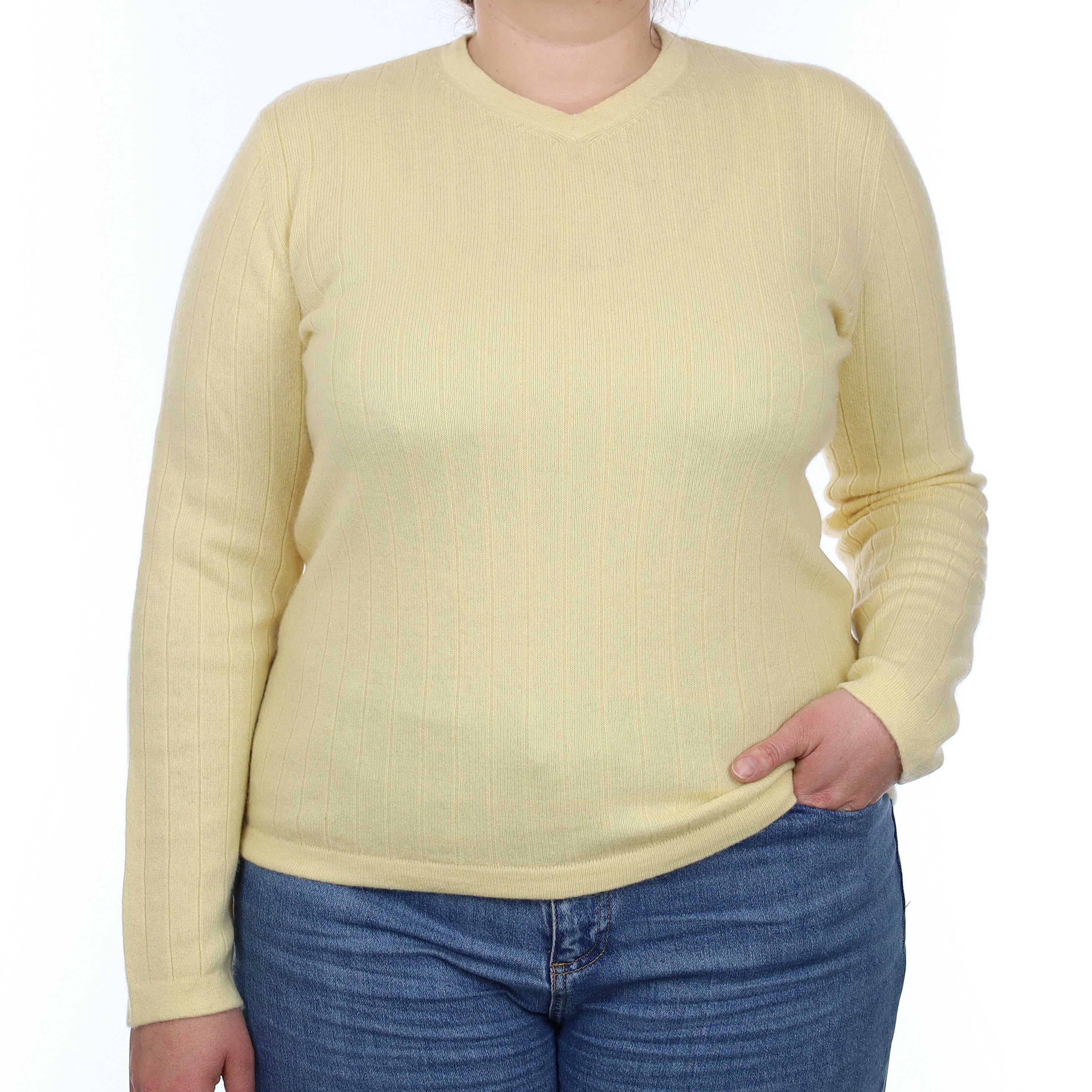 Lemon Yellow Rib Cashmere V Neck Jumper Large