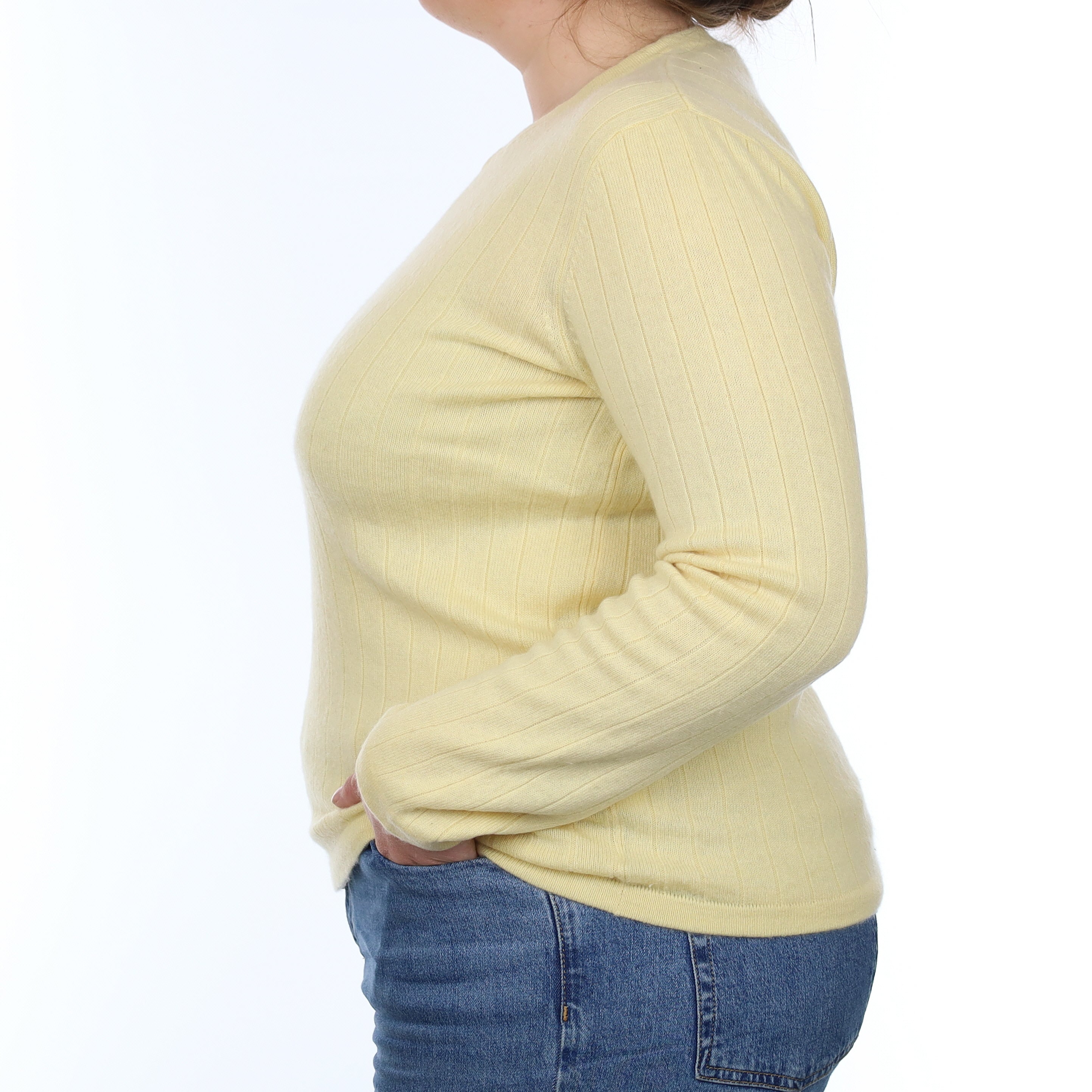 Lemon Yellow Rib Cashmere V Neck Jumper Large