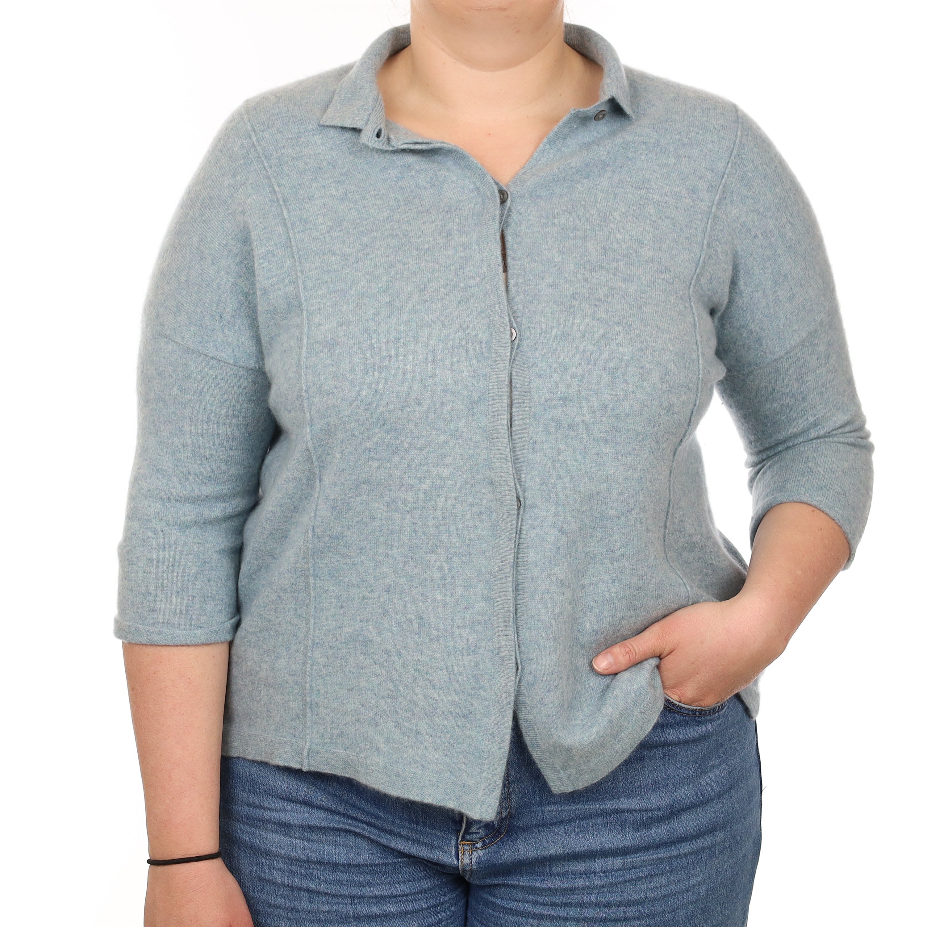 Duck Egg Blue Marl Cashmere Cardigan with Collar Large