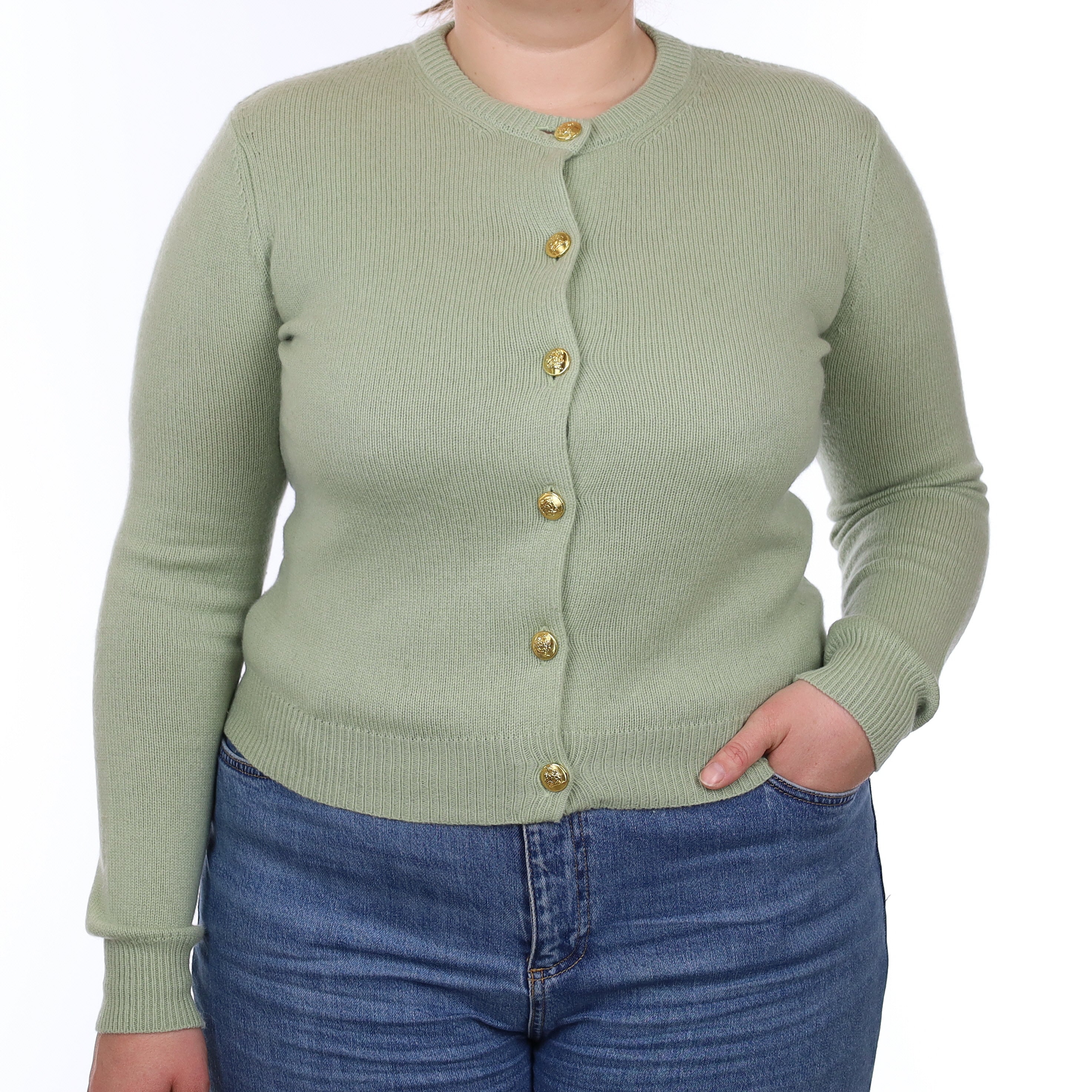 Hazy Green Heavy Knit Cashmere Crew Neck Cardigan Large