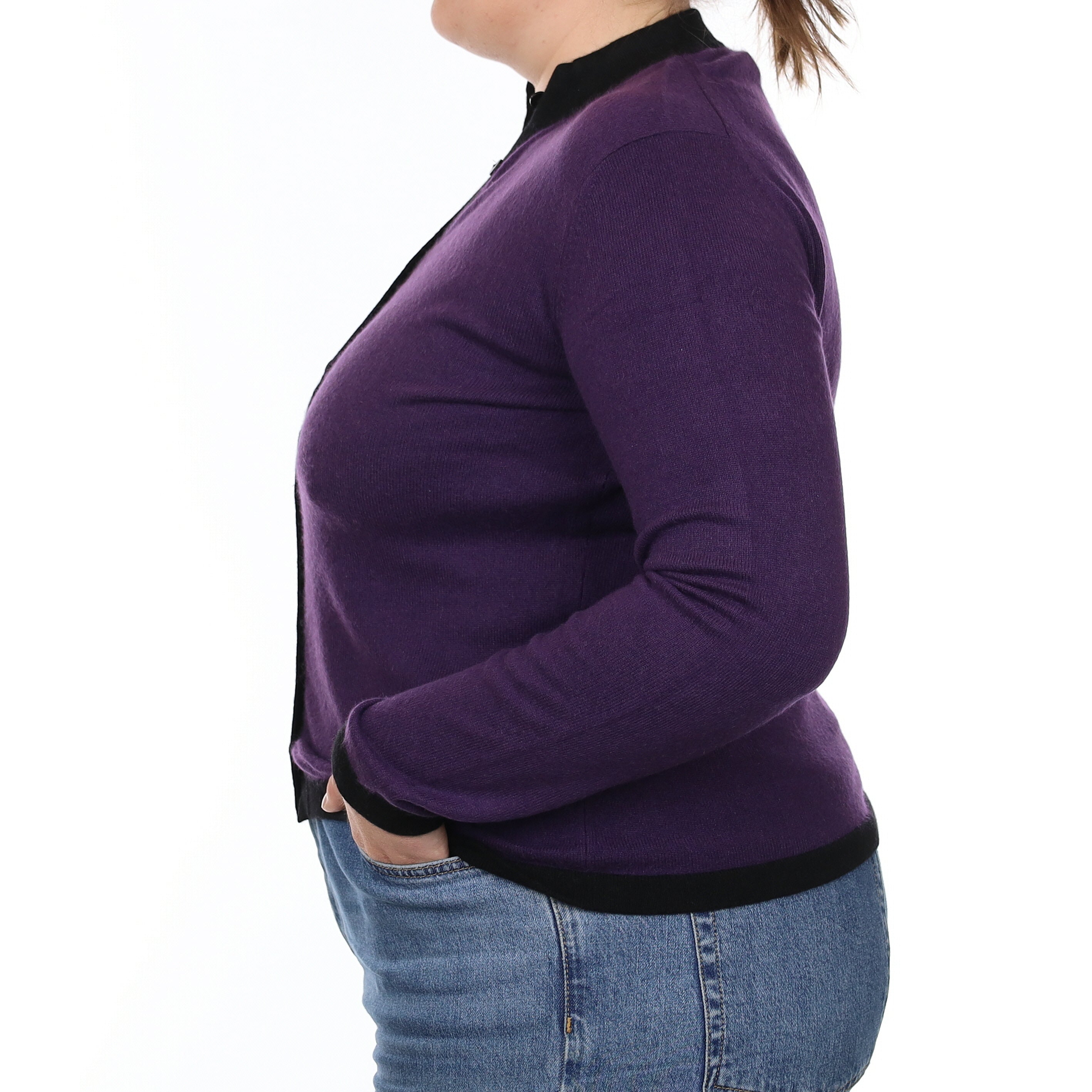 Purple and Black Cashmere Crew Neck Cardigan Large