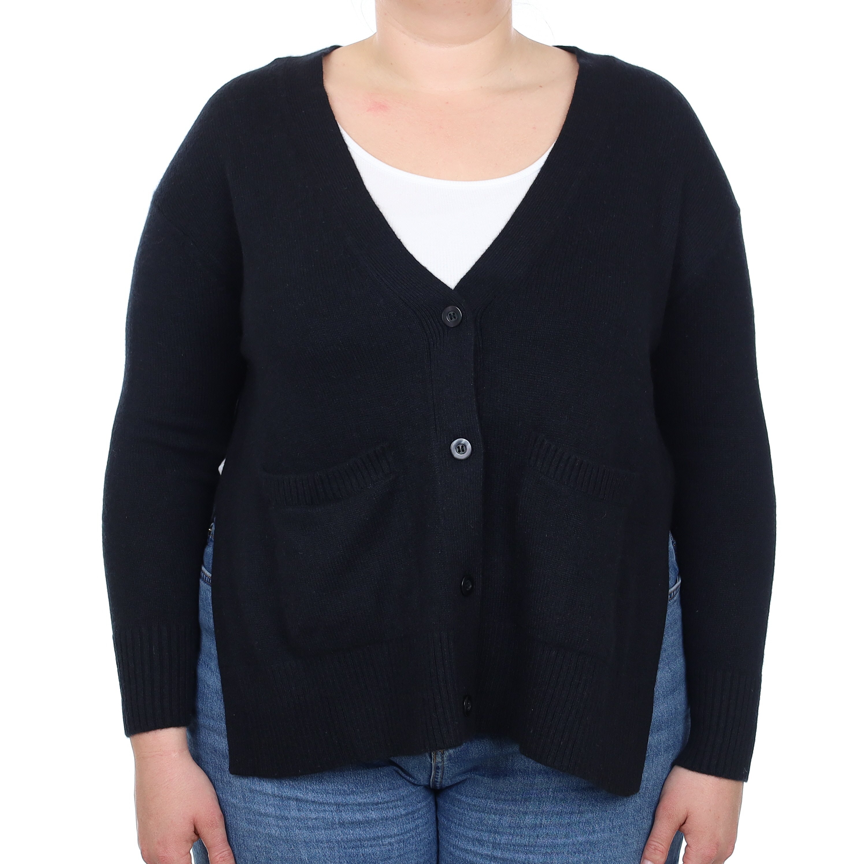 Black Split Side Cashmere V Neck Cardigan with Pockets Large