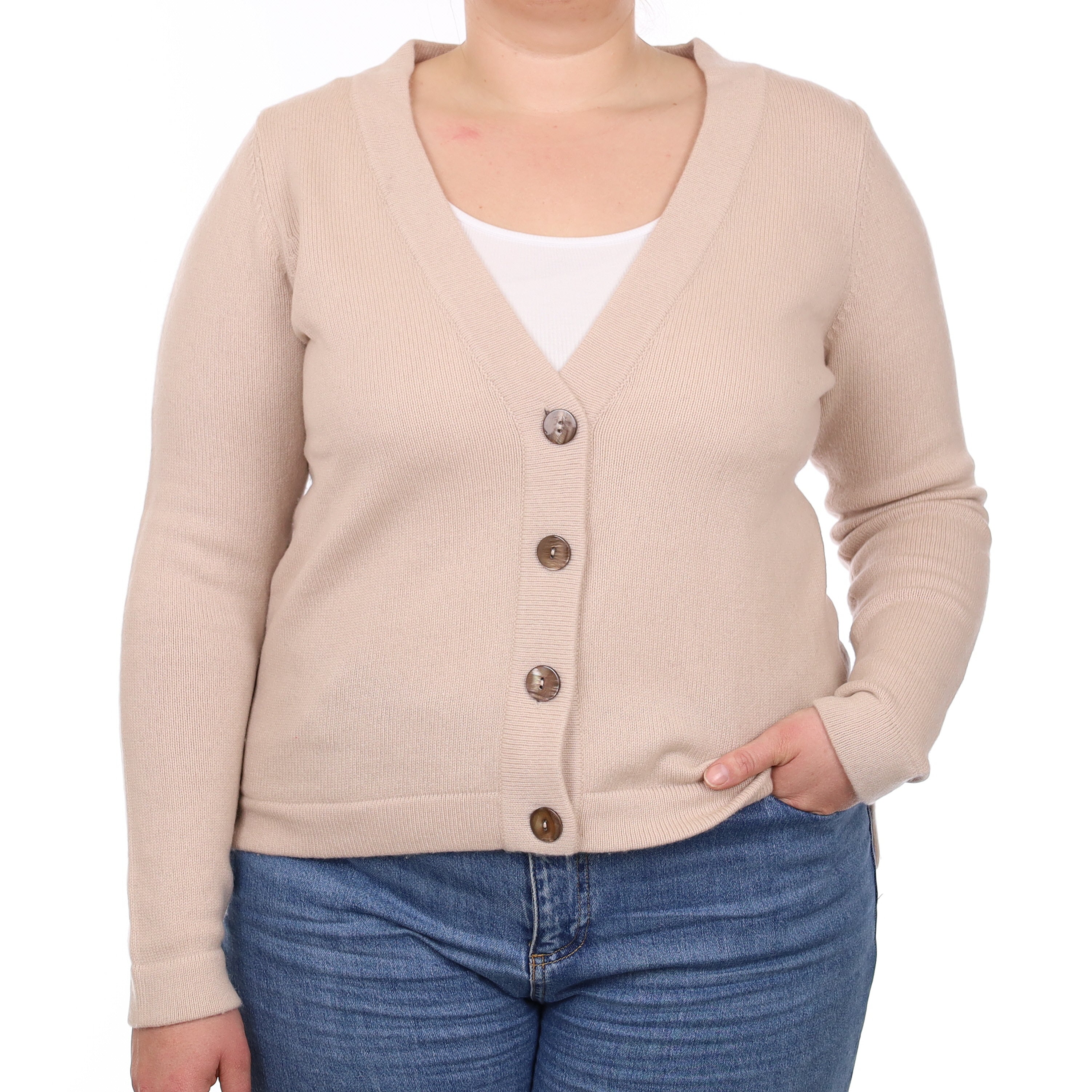 Soft Beige Heavy Knit Cashmere V Neck Cardigan Large