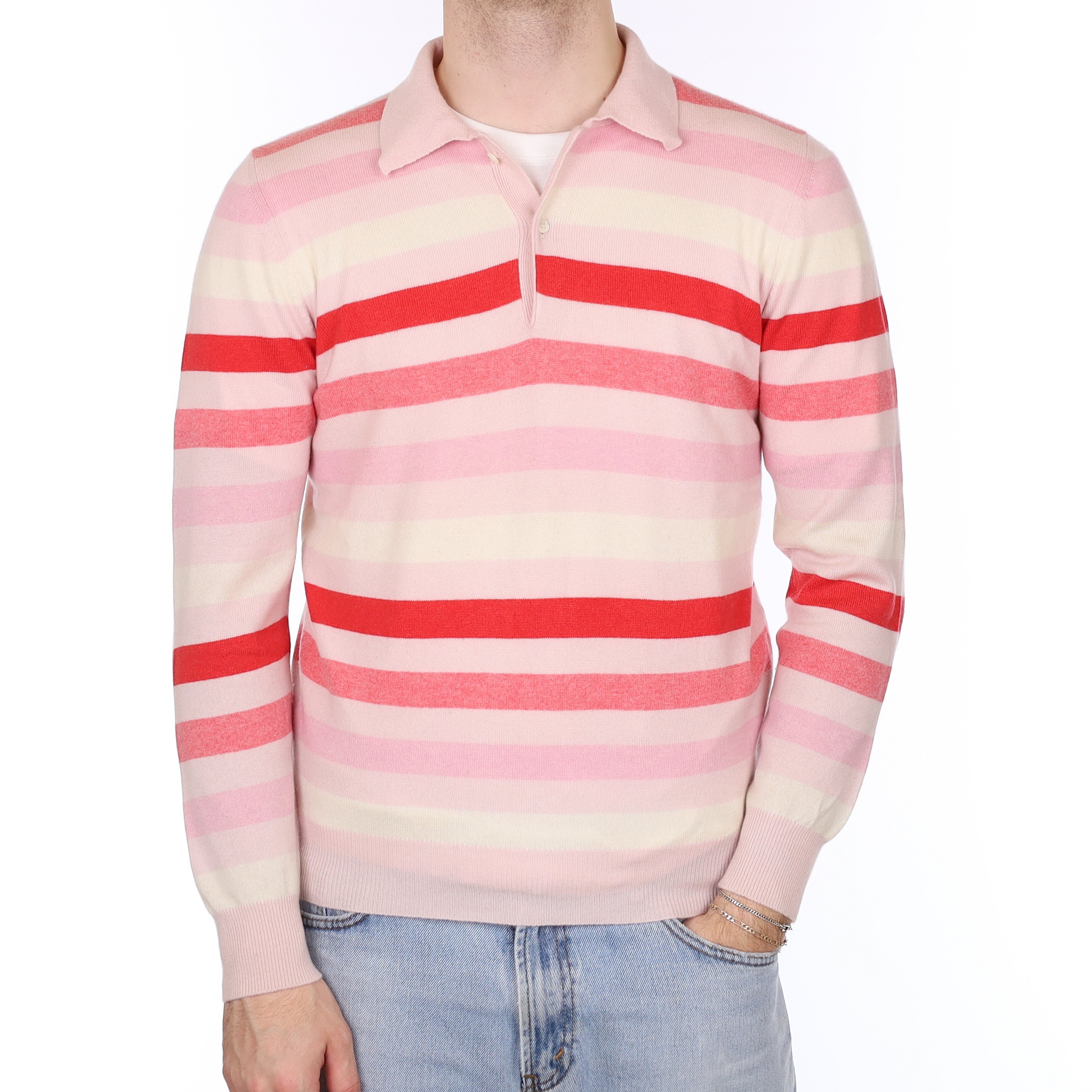 Men's Italian Pink Stripe Cashmere Collared Quarter Button Jumper Medium