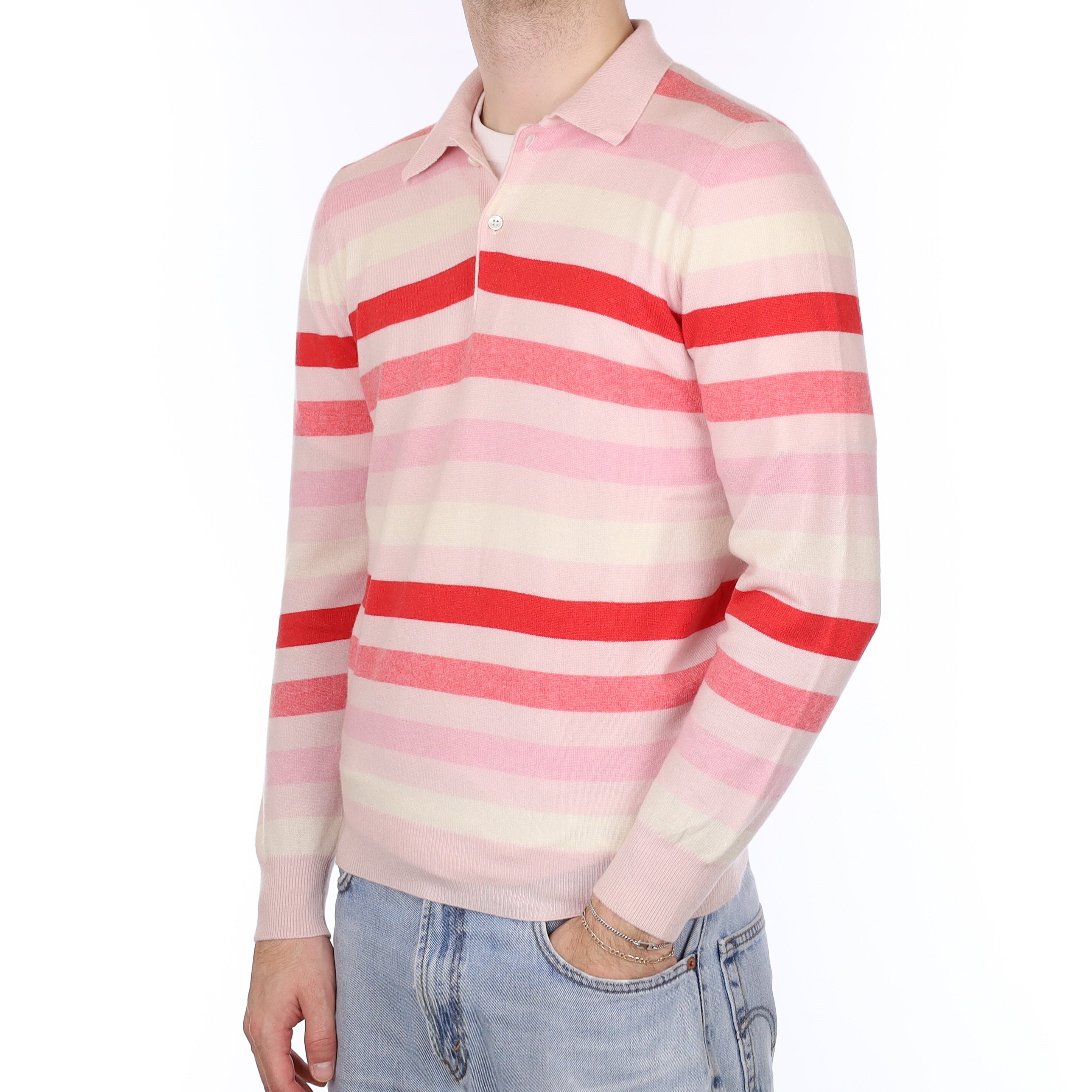 Men's Italian Pink Stripe Cashmere Collared Quarter Button Jumper Medium