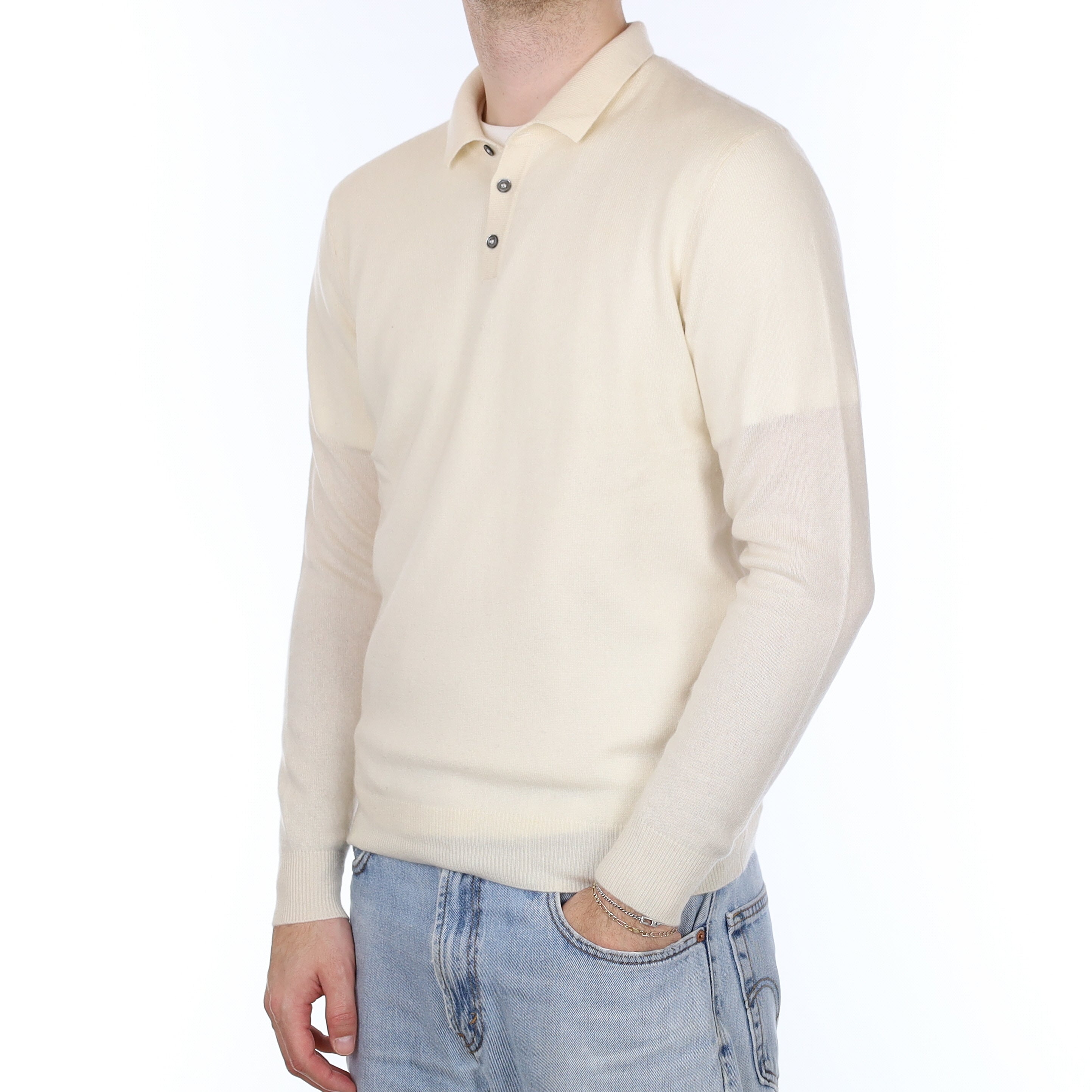 Men's Ivory Cashmere Collared Quarter Button Jumper Medium