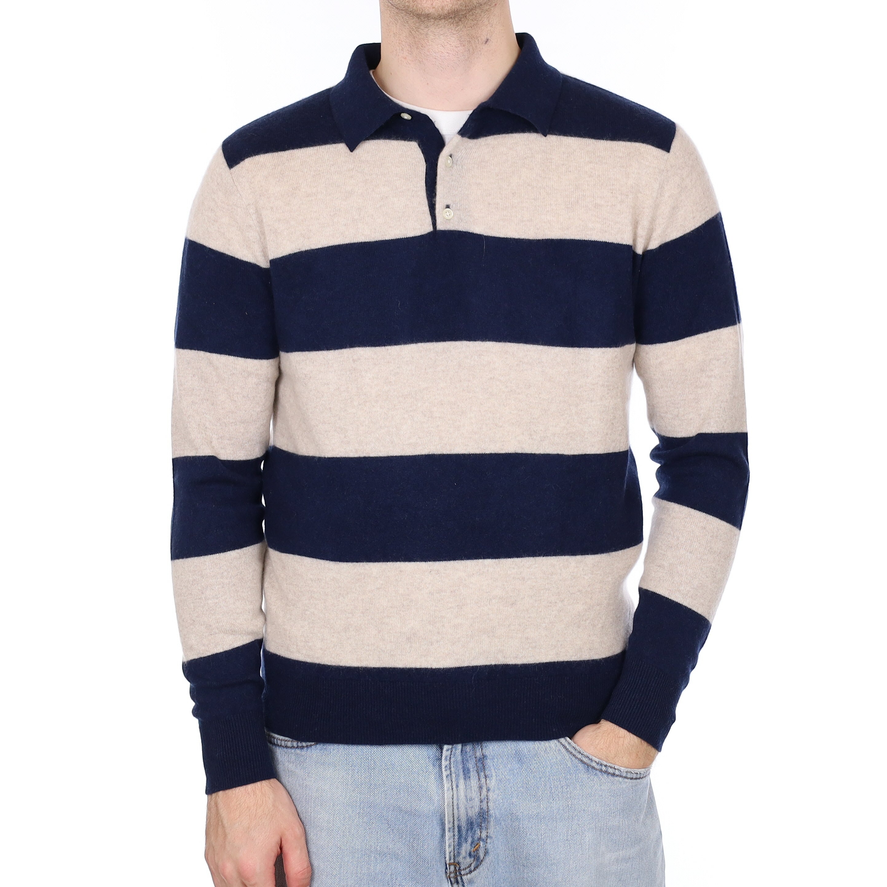 Men's Navy & Oatmeal Cashmere Collared Quarter Button Jumper Medium