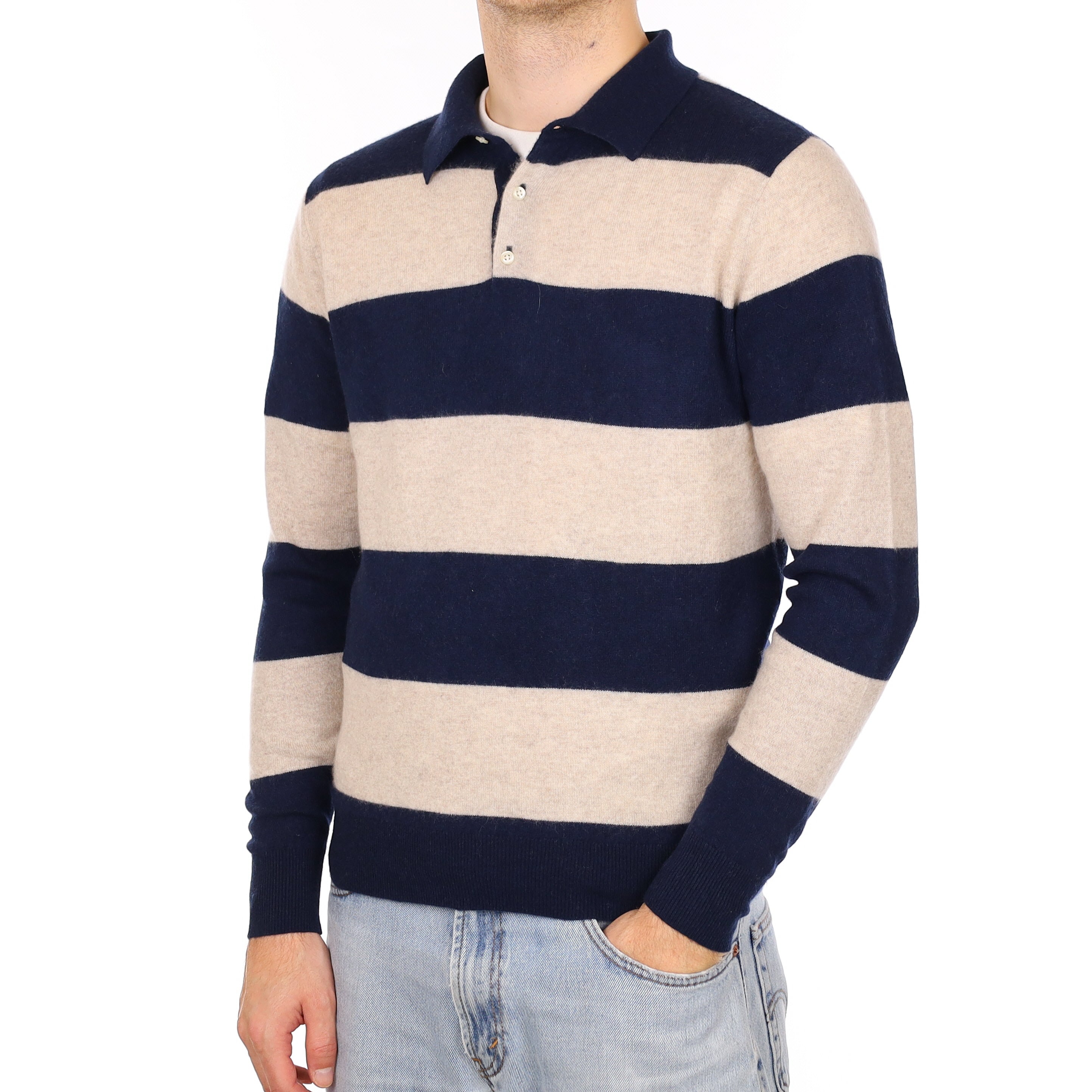 Men's Navy & Oatmeal Cashmere Collared Quarter Button Jumper Medium