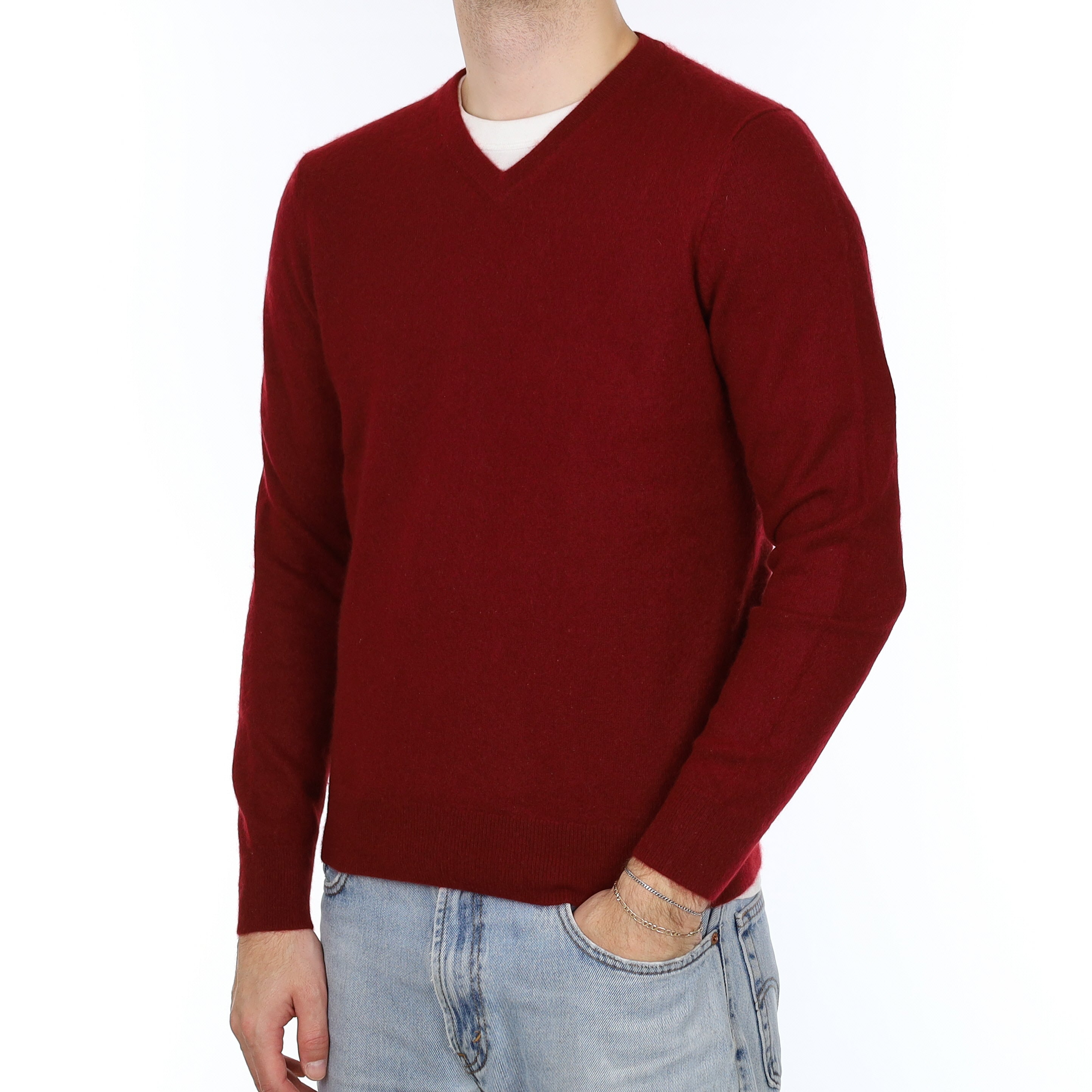 Men's Burgundy Red Cashmere V Neck Jumper Medium